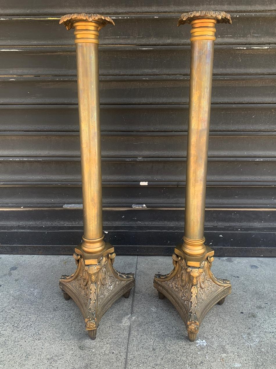 American Pair of Tall Candle Holders in Bronze Signed A.K. For Sale