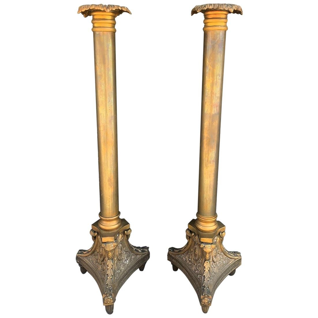 Pair of Tall Candle Holders in Bronze Signed A.K.