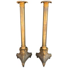 Pair of Tall Candle Holders in Bronze Signed A.K.