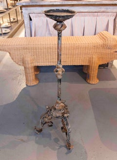 Pair of Tall Candlesticks in White Iron with Aged Patina
