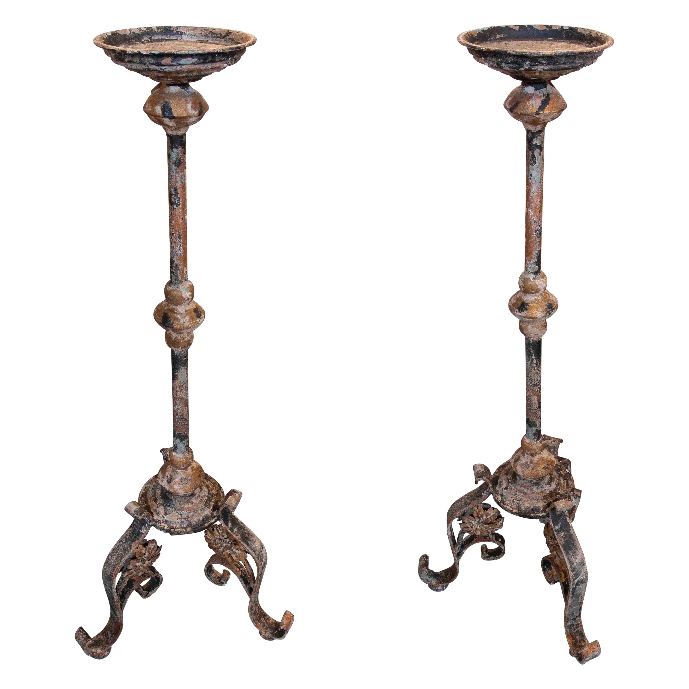 Pair of Tall Candlesticks in White Iron with Aged Patina For Sale