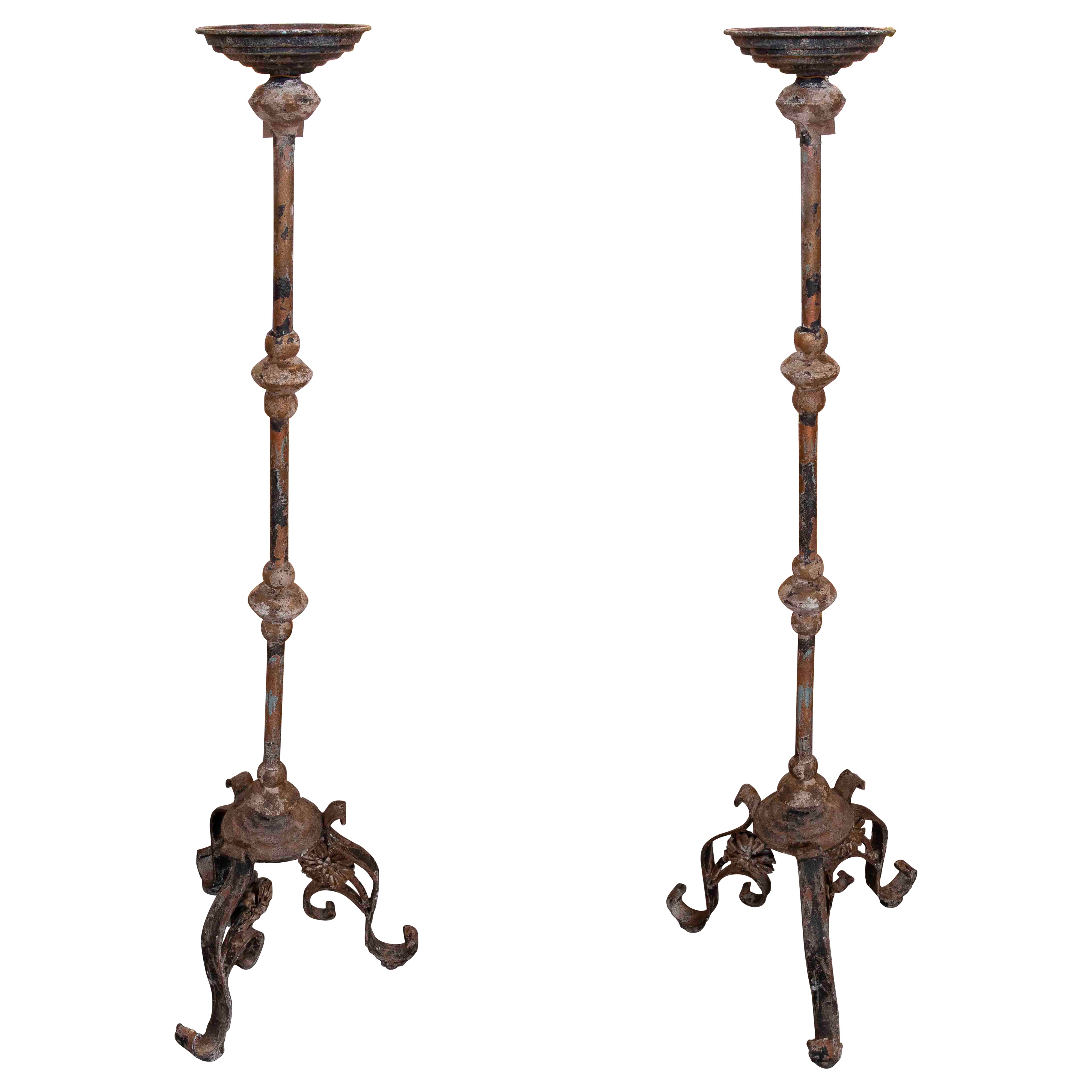 Pair of Tall Candlesticks in White Iron with Antique Patina