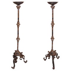 Pair of Tall Candlesticks in White Iron with Antique Patina
