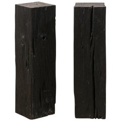 Pair of Tall Carbonized Wood Square Shaped Pedestals, Rich Black Color