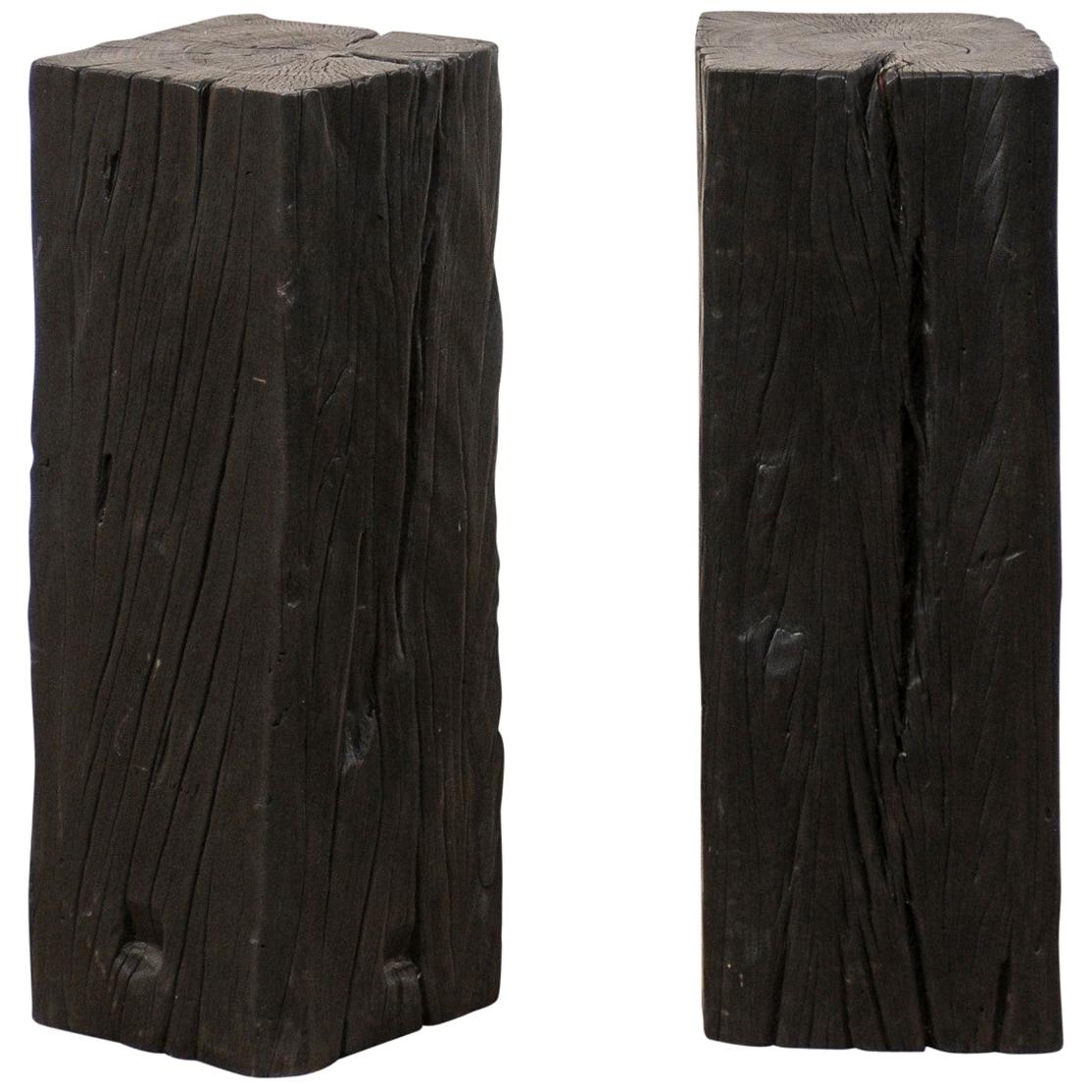 Pair of Tall Carbonized Wood Square Shaped Pedestals, Rich Black Color