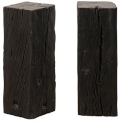 Pair of Tall Carbonized Wood Square Shaped Pedestals, Rich Black Color