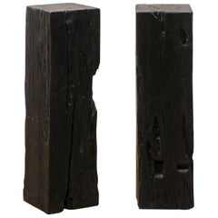 Pair of Tall Carbonized Wood Square Shaped Pedestals, Rich Black Color 