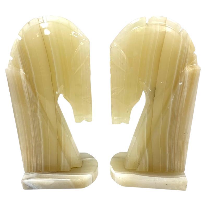 Pair Of Tall Carved Alabaster Art Deco Style Horse Head Bookends