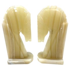 Pair Of Tall Carved Alabaster Art Deco Style Horse Head Bookends