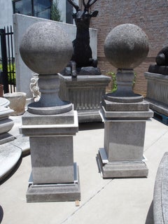 Pair Of Tall Carved Italian Limestone Ball Finials On Pedestals