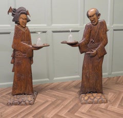 Pair of Tall Carved Japanese Figures, Dumb Waiters or Card Butler Greeters