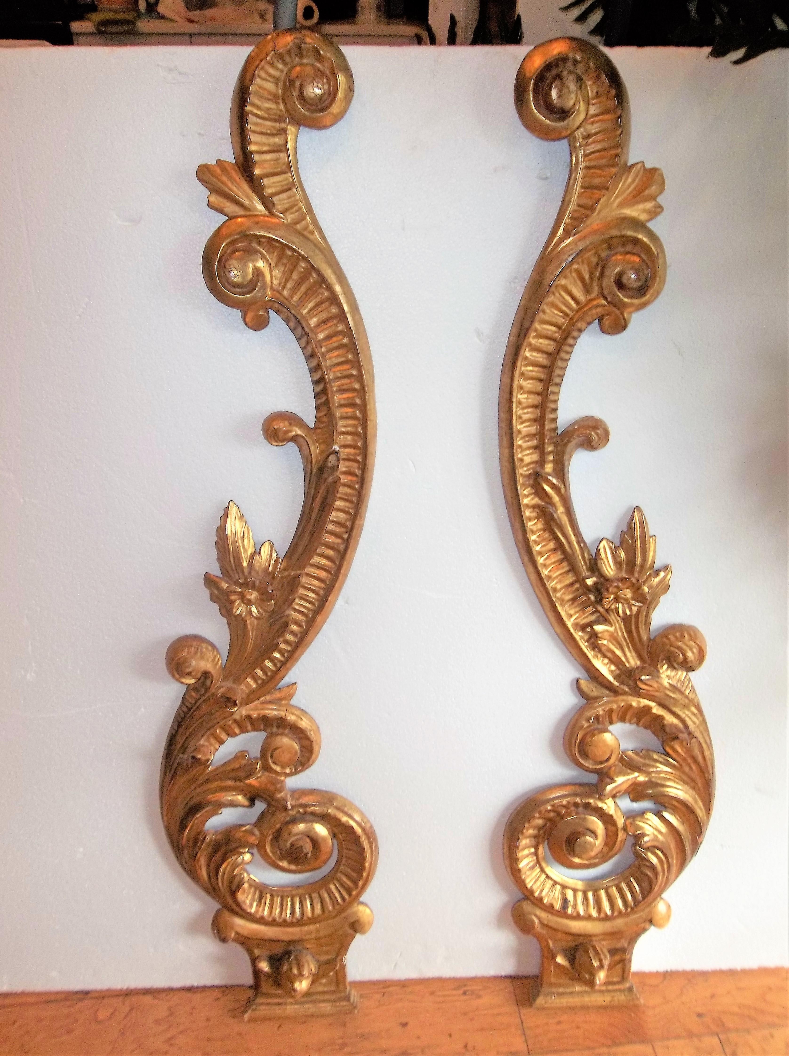 Pair of Tall Carved Louis XV Style Giltwood Boiserie Scrolls or Wall Appliques 1