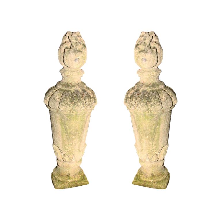 Pair of Tall Carved Stone Flame Finials
