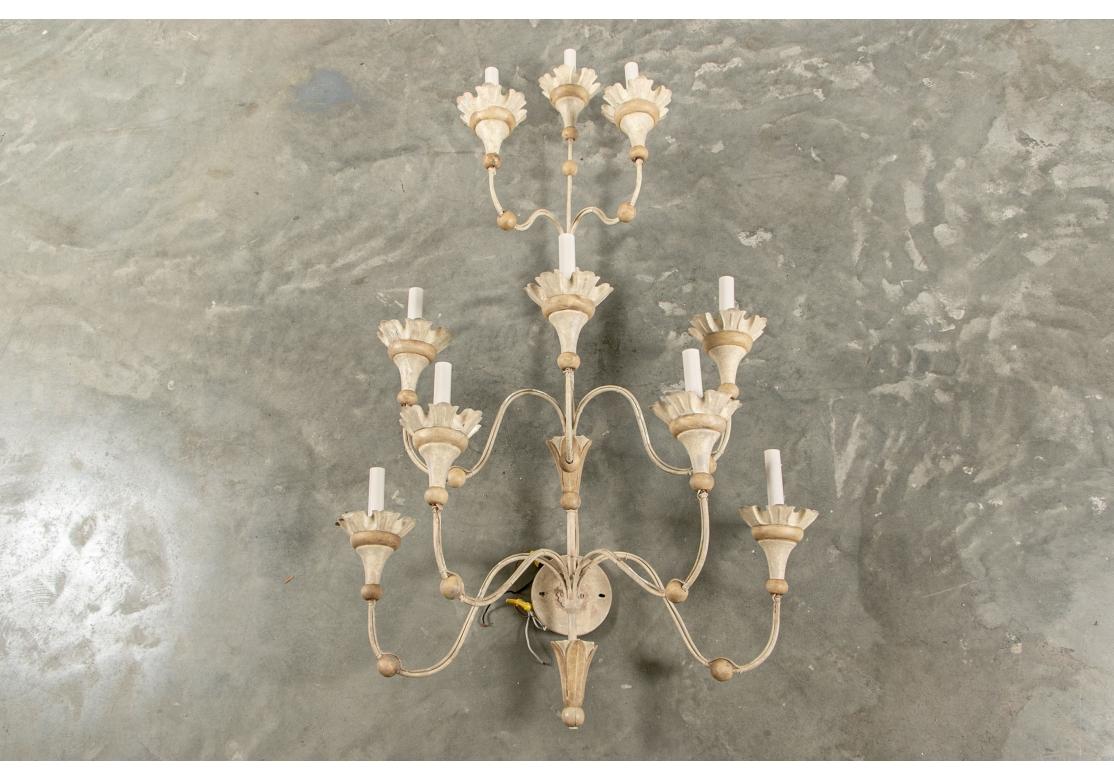 Hand-Painted Pair of Tall Carved Wood and Tole Tiered Sconces For Sale