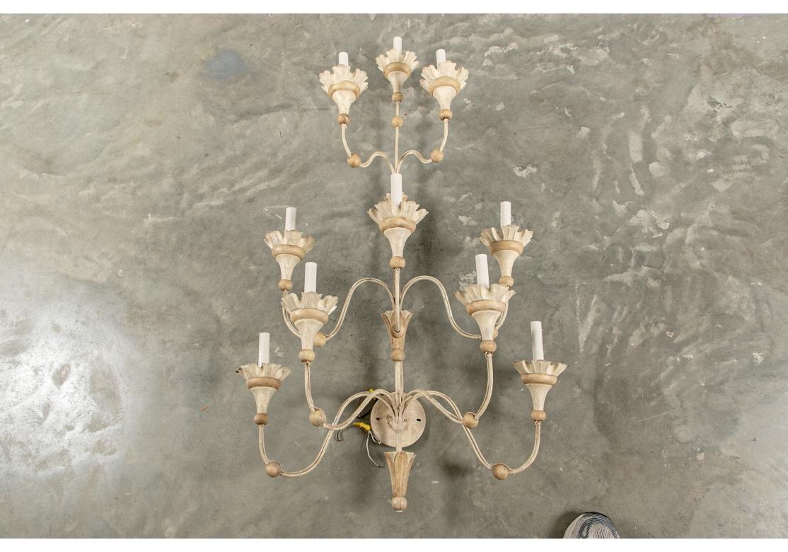 Pair of Tall Carved Wood and Tole Tiered Sconces In Good Condition For Sale In Bridgeport, CT