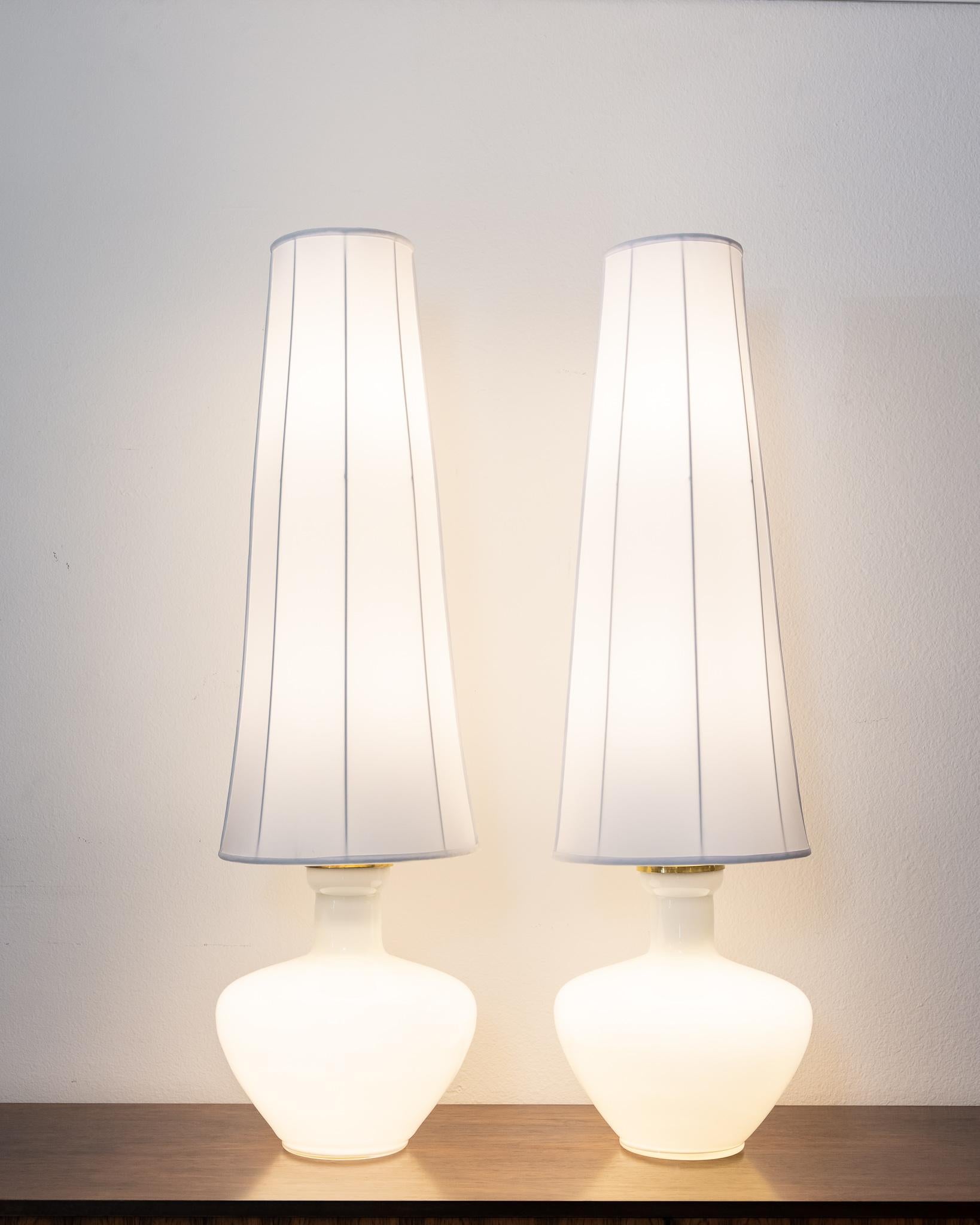 Mid-Century Modern Pair of Tall Cased Glass Lamps with Silk Shades