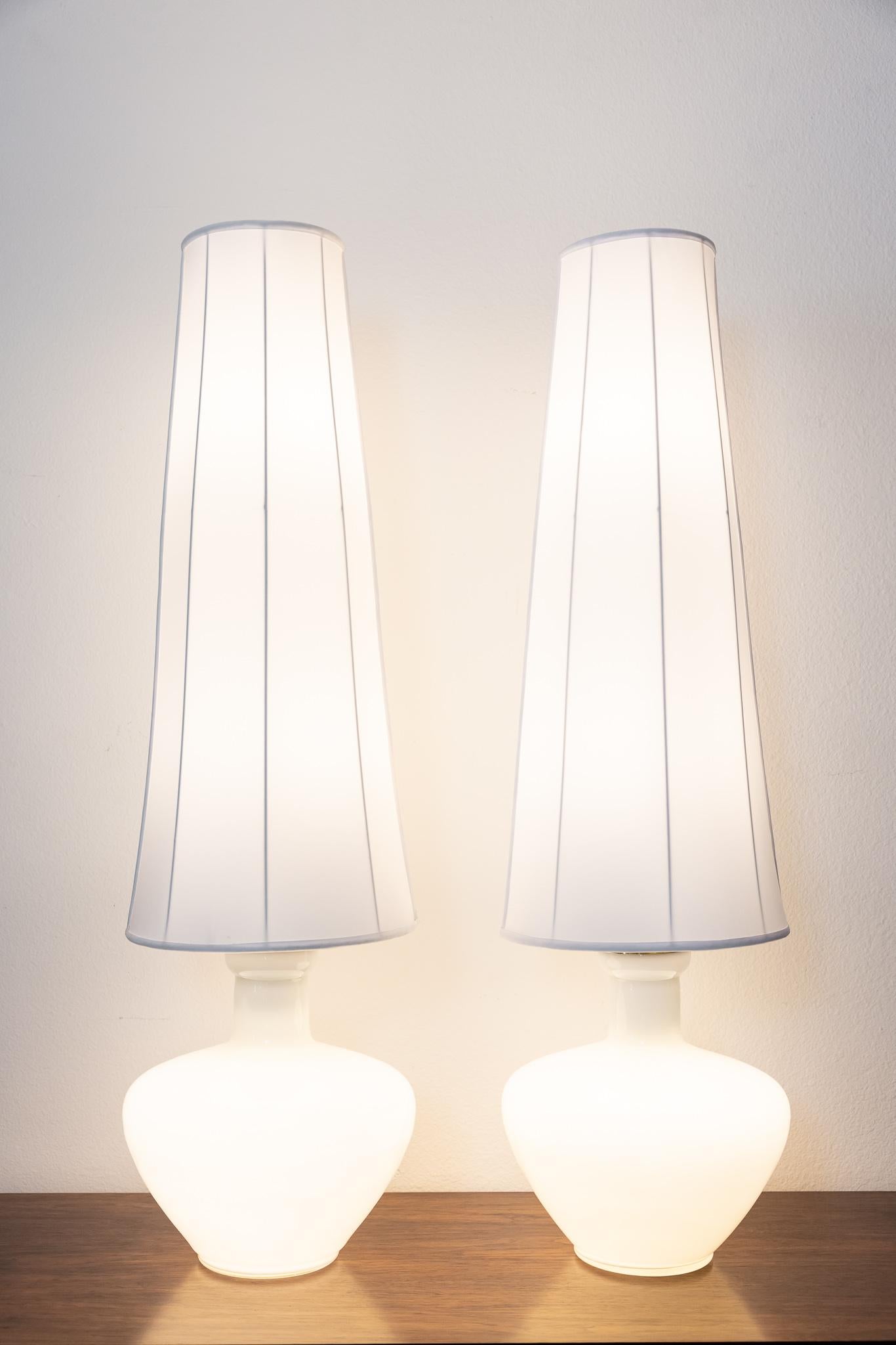 Italian Pair of Tall Cased Glass Lamps with Silk Shades