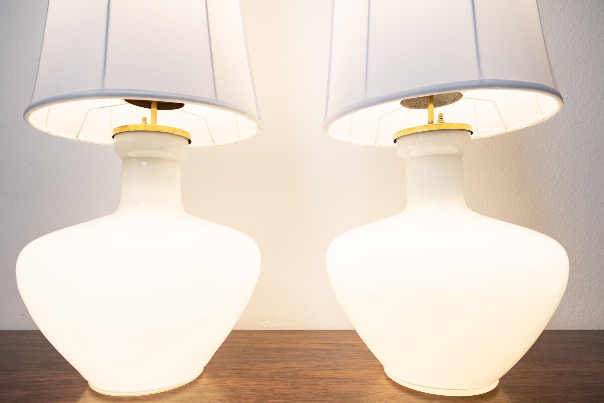 Pair of Tall Cased Glass Lamps with Silk Shades In Good Condition In Palm Desert, CA