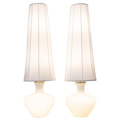 Pair of Tall Cased Glass Lamps with Silk Shades