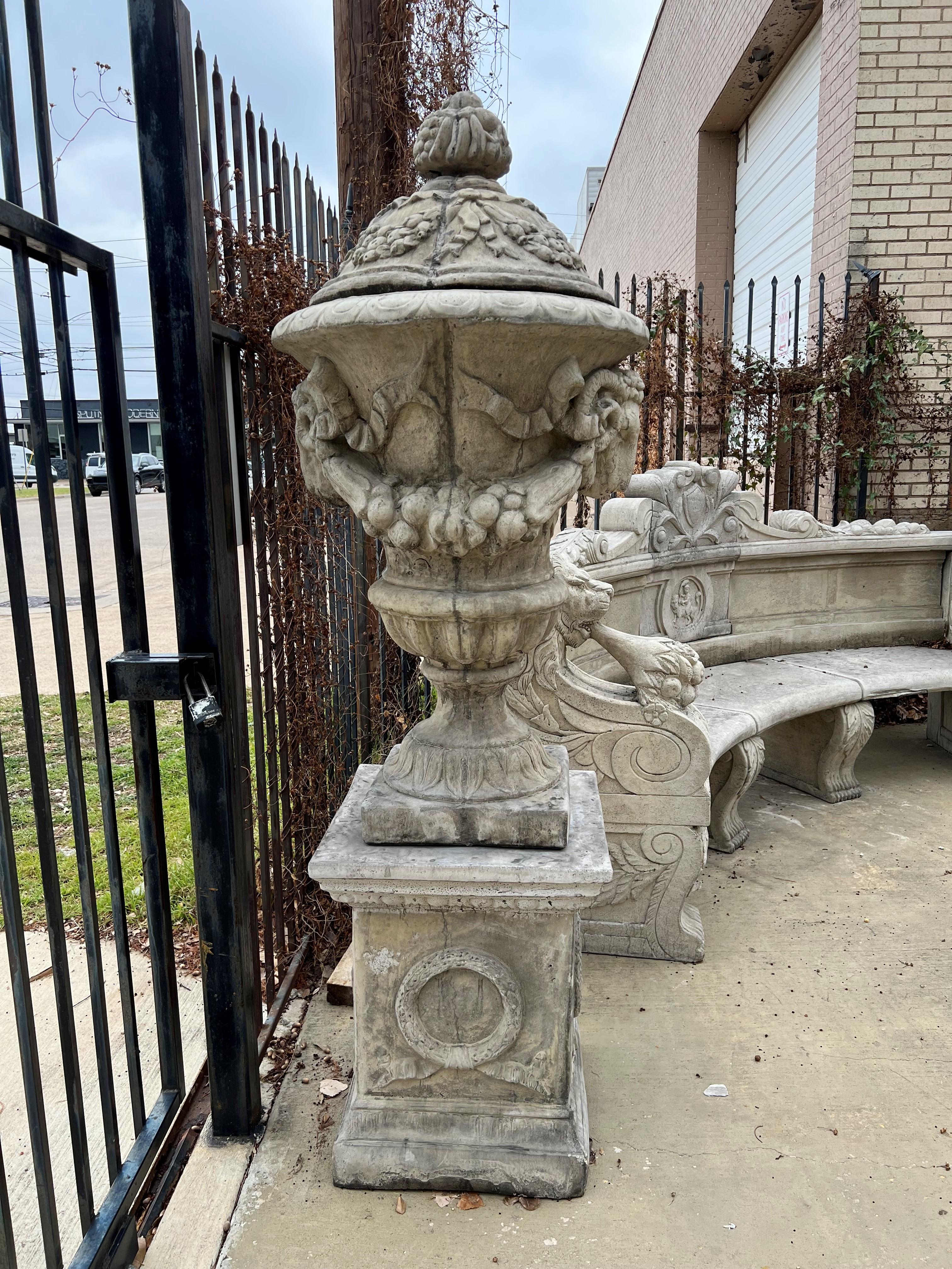 Pair of Tall Cast Garden Urns on Pedestals with Rams Heads and Swags 4