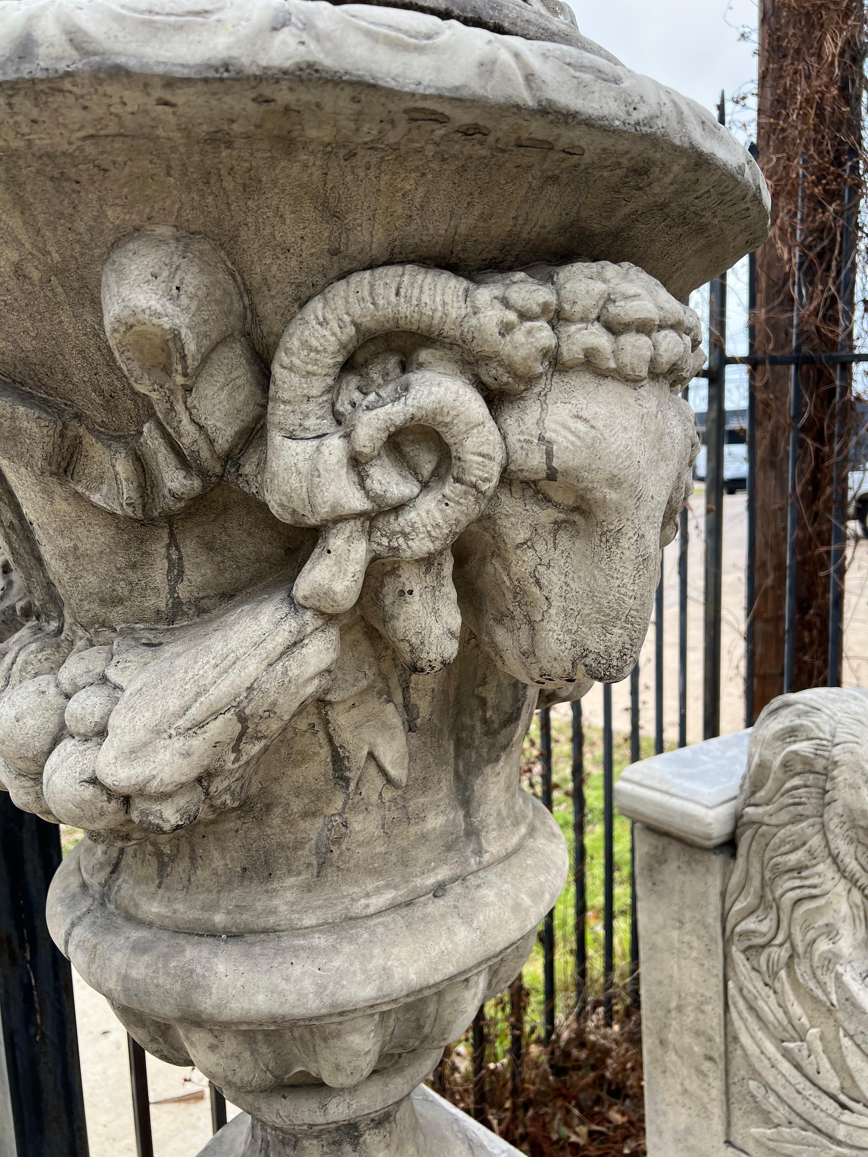 Pair of Tall Cast Garden Urns on Pedestals with Rams Heads and Swags 5