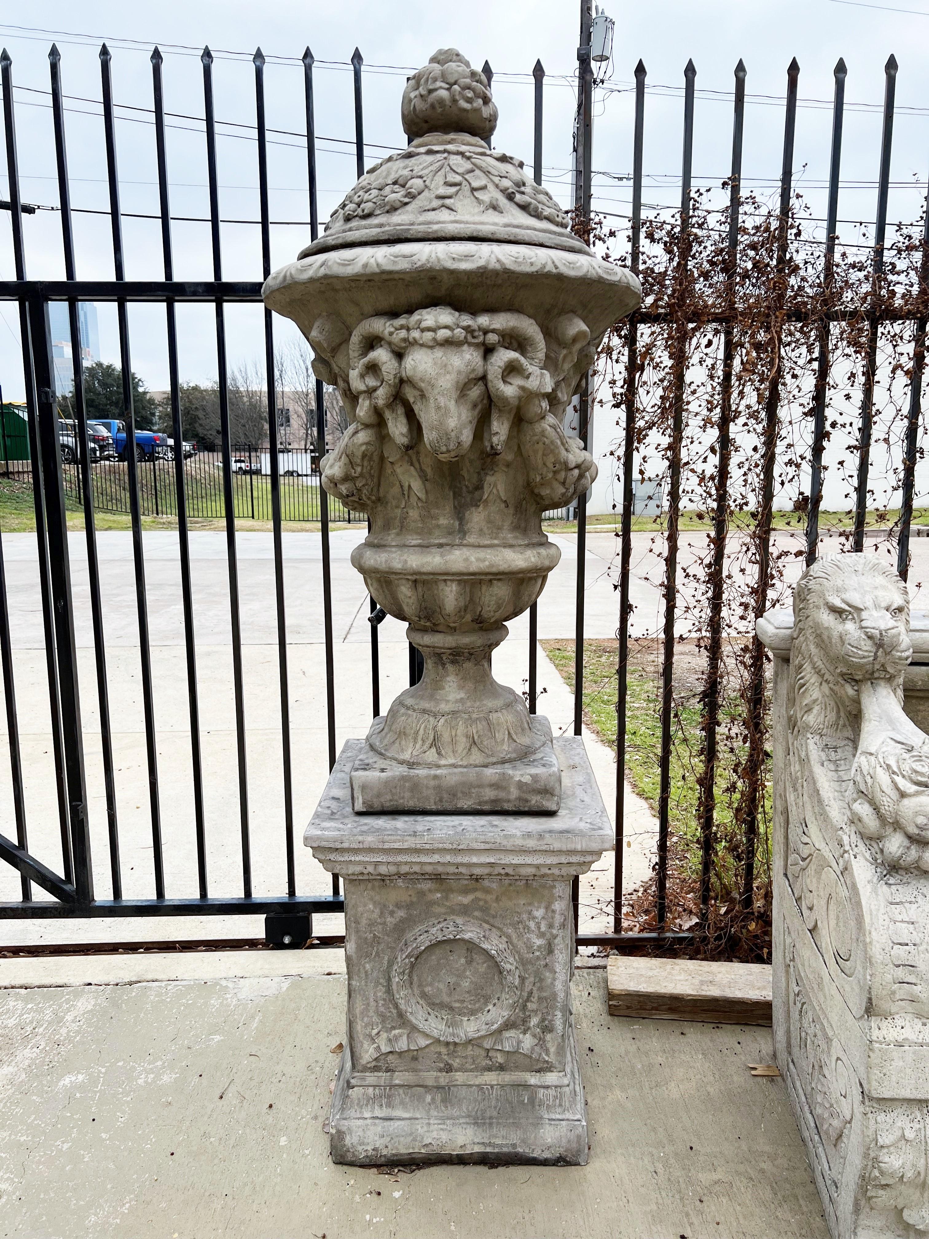 Pair of Tall Cast Garden Urns on Pedestals with Rams Heads and Swags 6