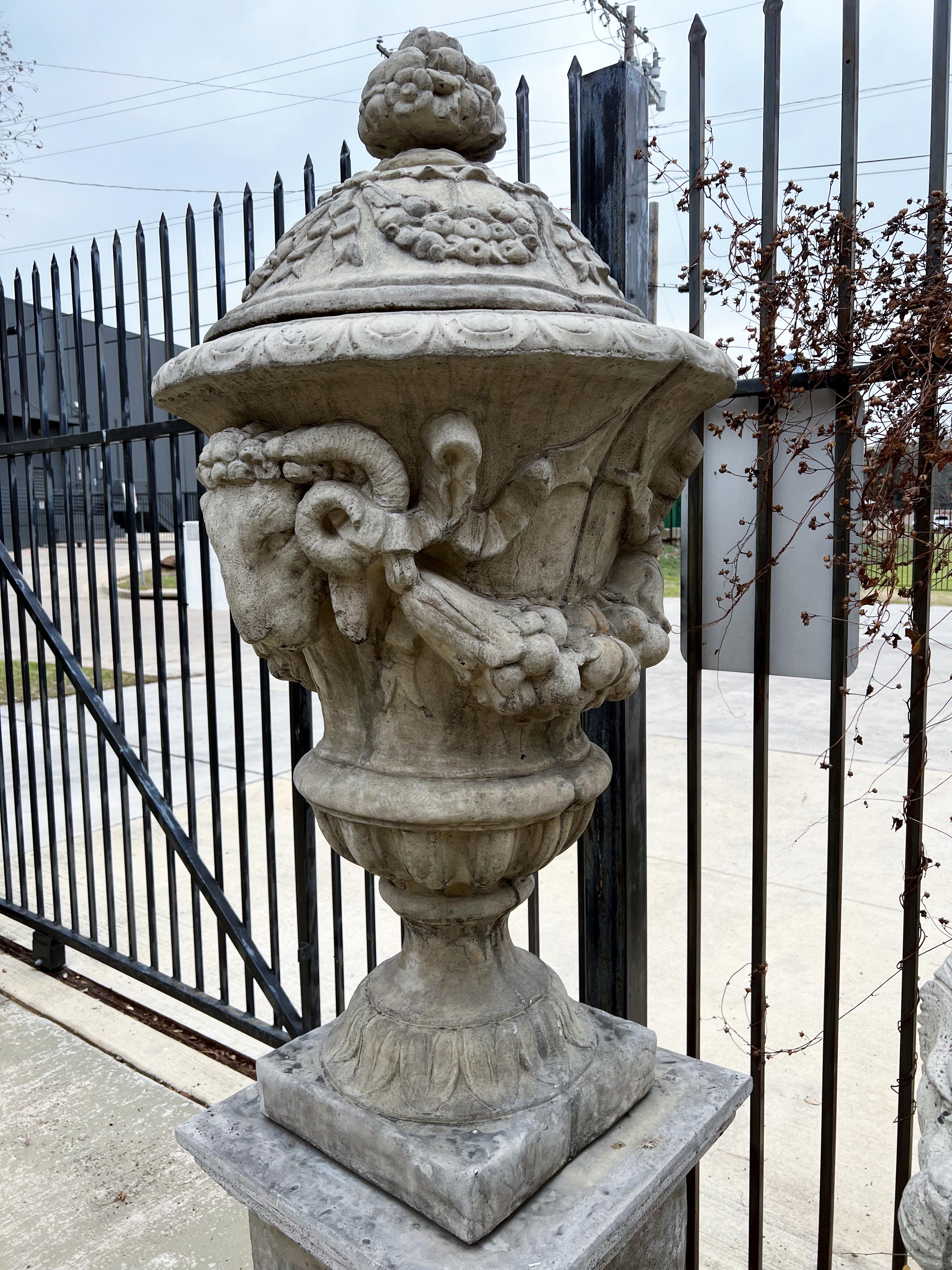 Pair of Tall Cast Garden Urns on Pedestals with Rams Heads and Swags 7