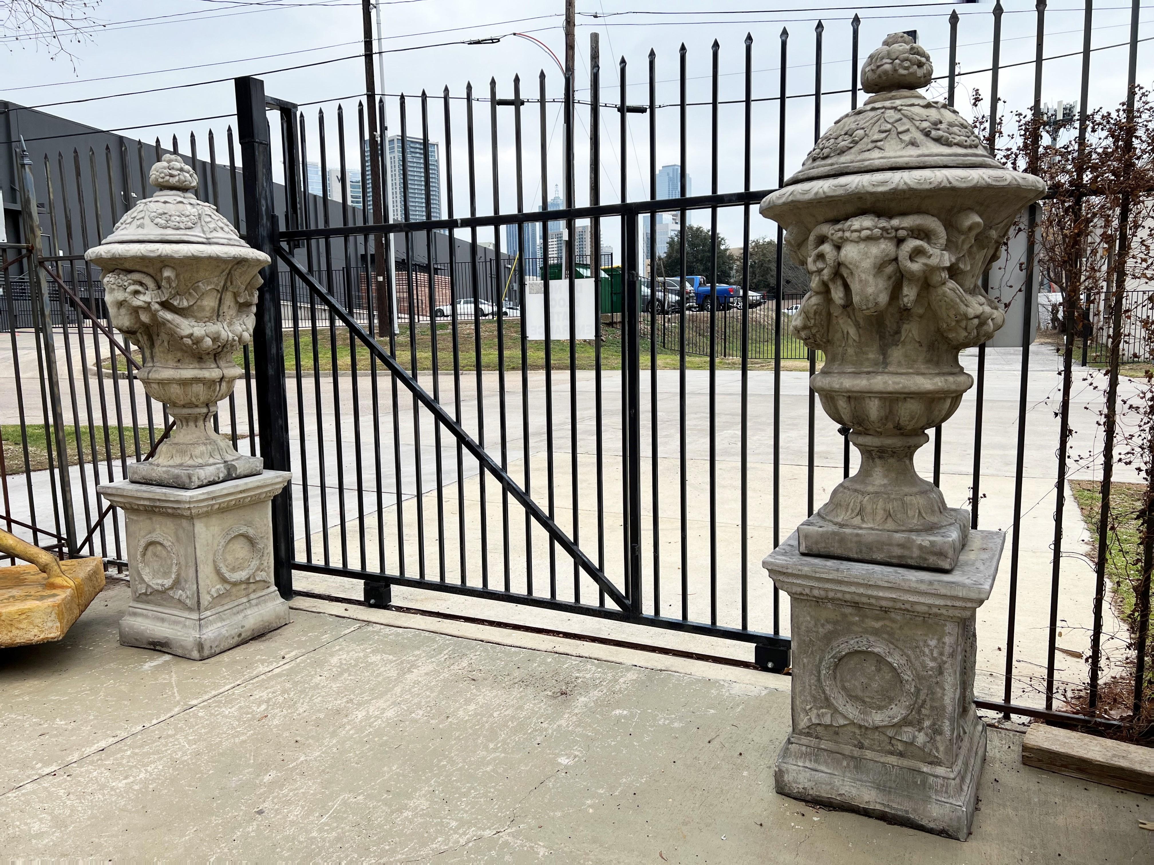 Pair of Tall Cast Garden Urns on Pedestals with Rams Heads and Swags 9