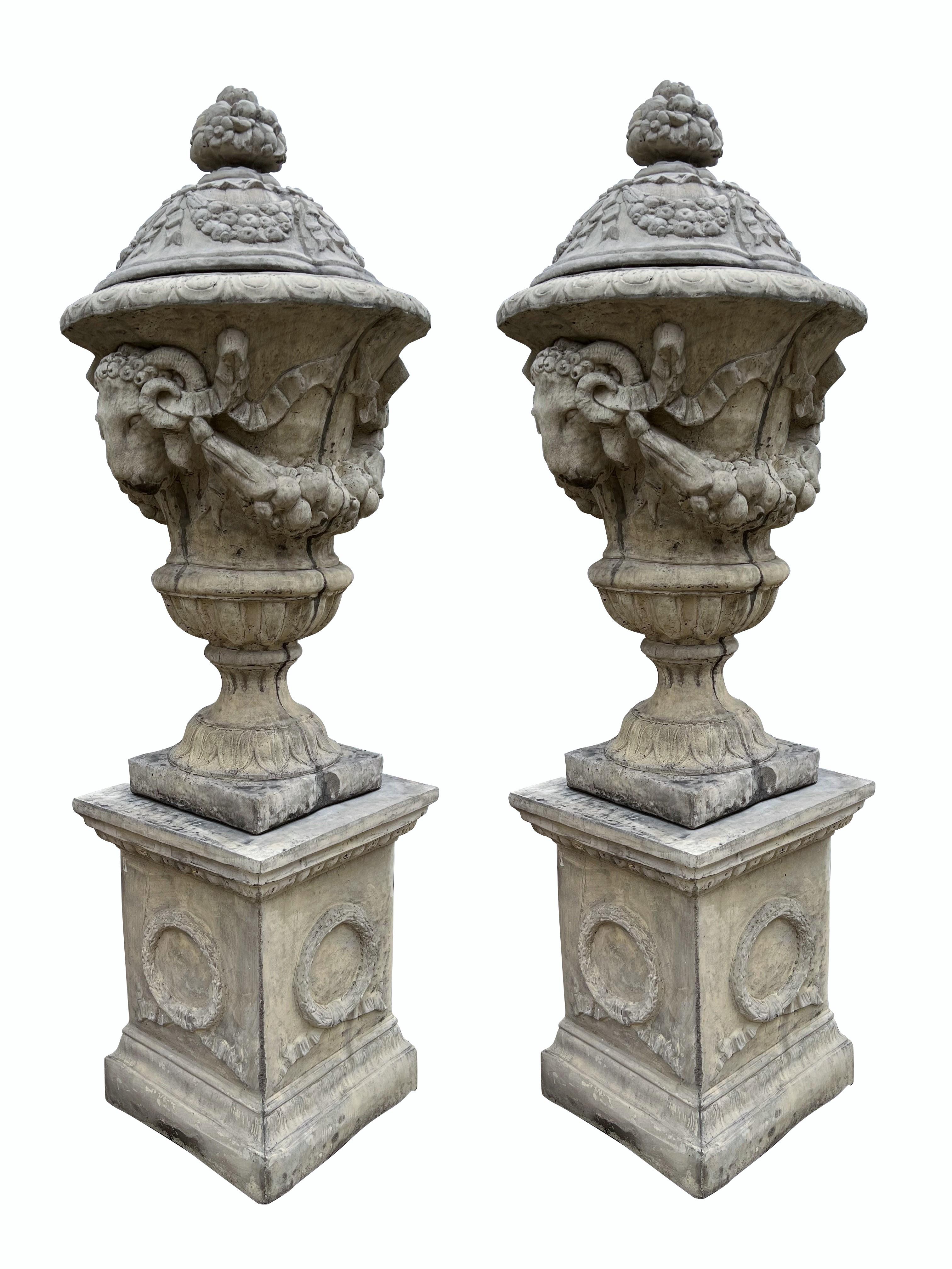 Pair of Tall Cast Garden Urns on Pedestals with Rams Heads and Swags 10