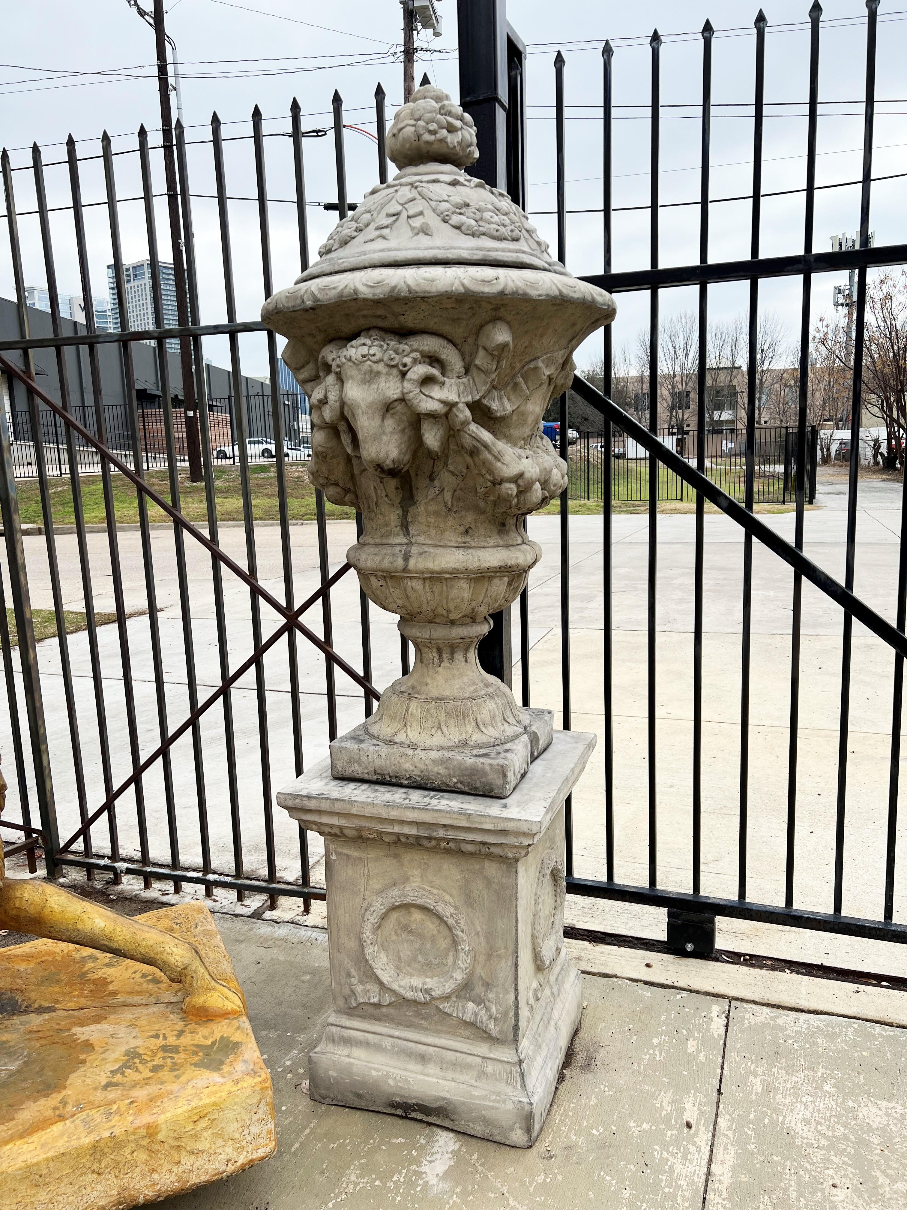 French Pair of Tall Cast Garden Urns on Pedestals with Rams Heads and Swags