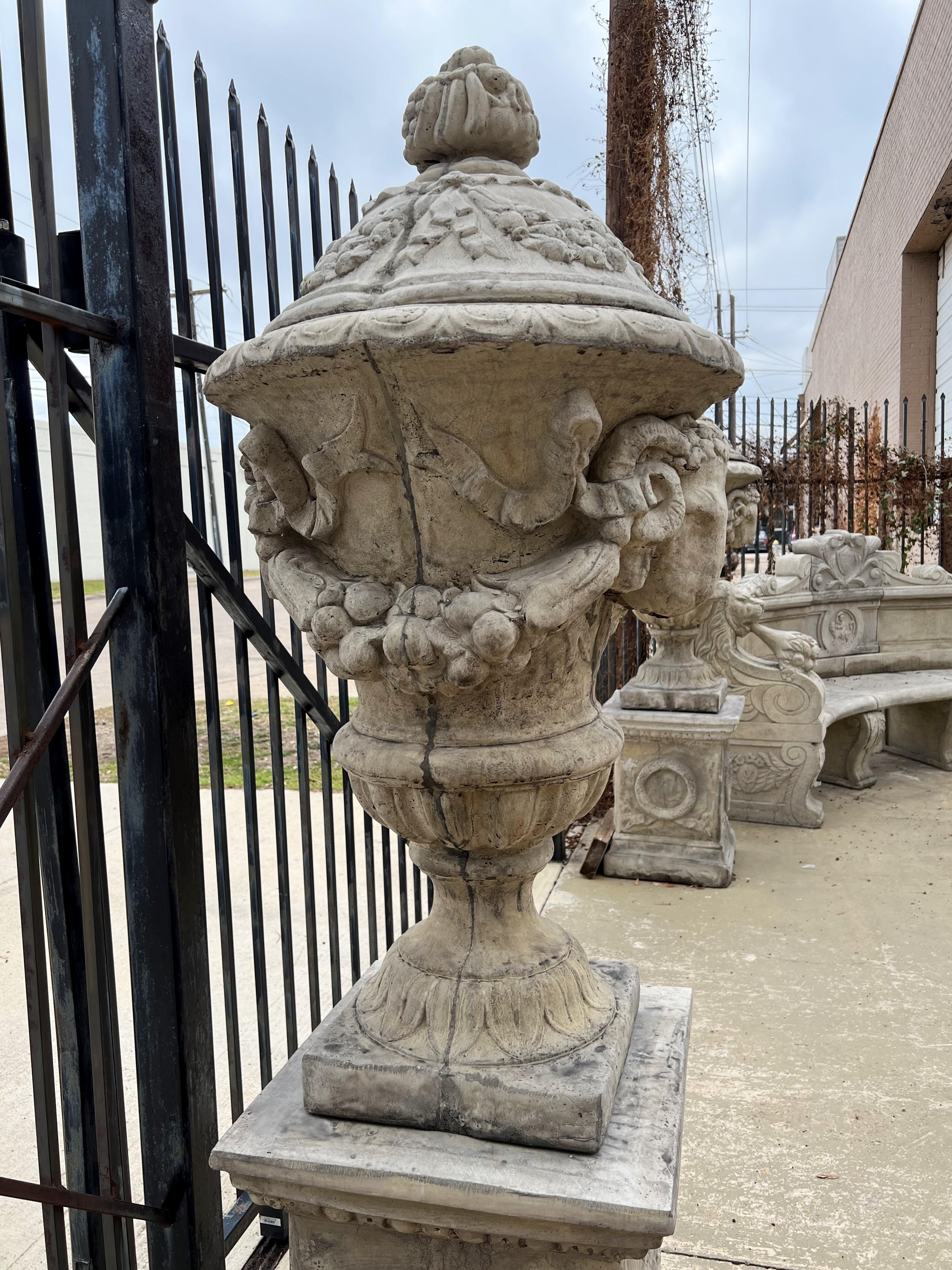 Pair of Tall Cast Garden Urns on Pedestals with Rams Heads and Swags 1