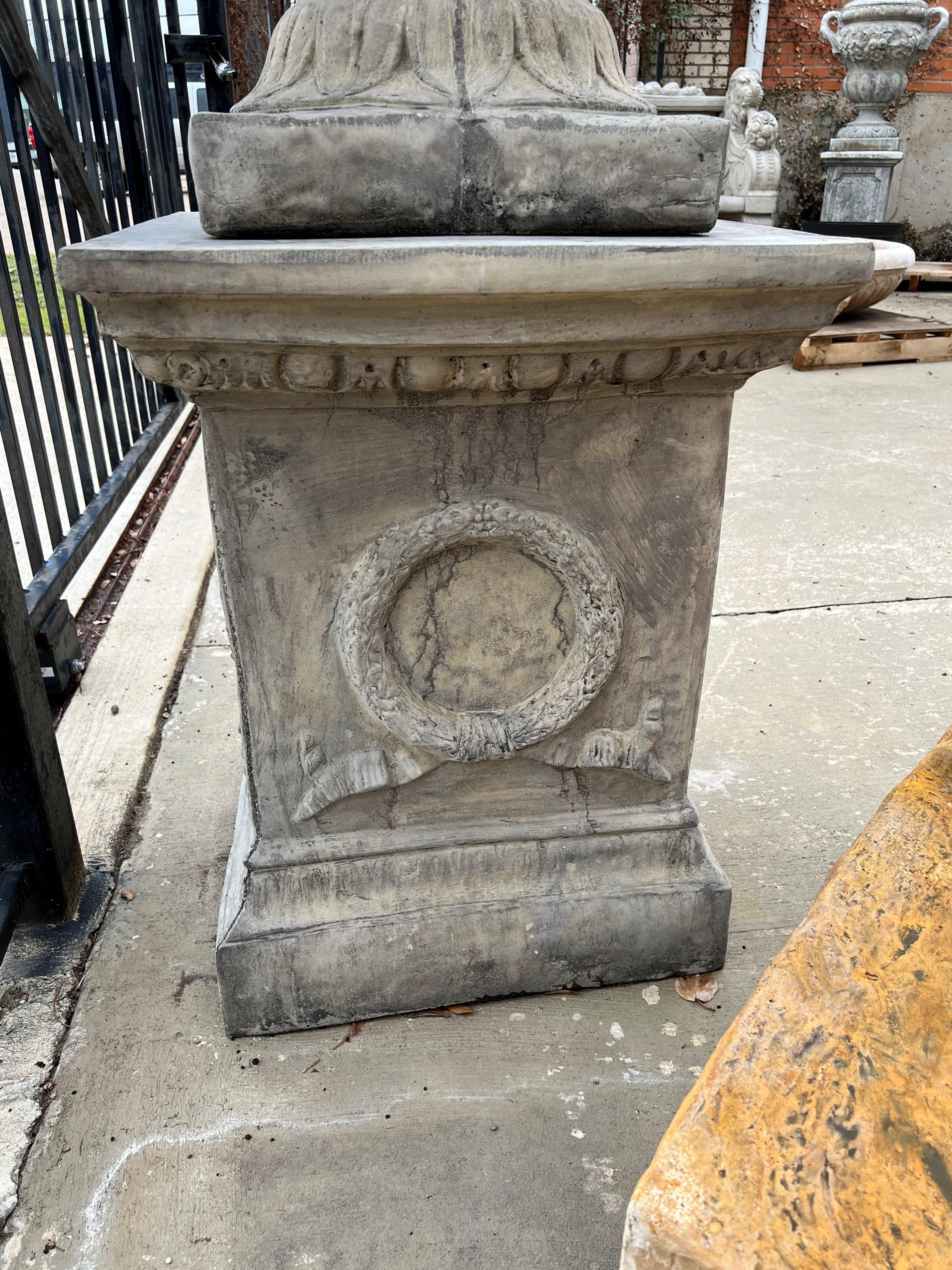 Pair of Tall Cast Garden Urns on Pedestals with Rams Heads and Swags 2