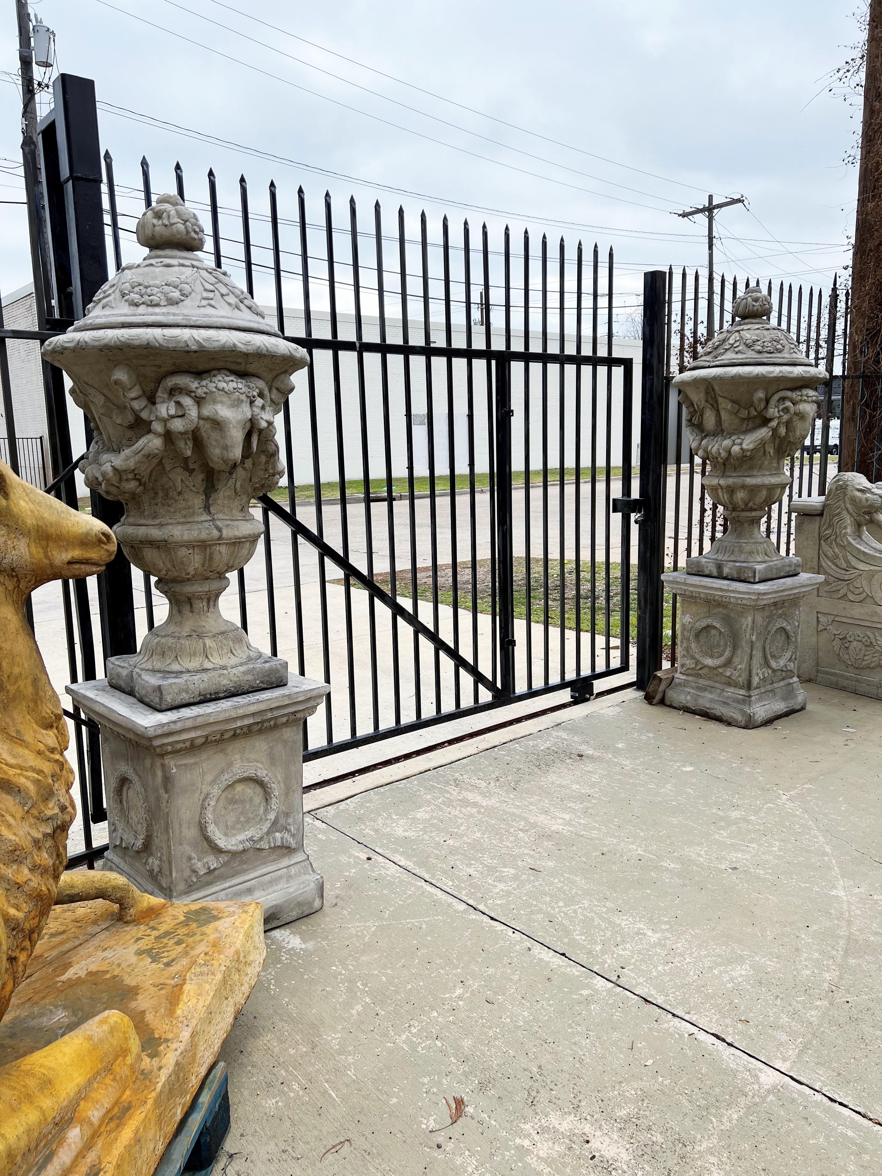 Pair of Tall Cast Garden Urns on Pedestals with Rams Heads and Swags 3