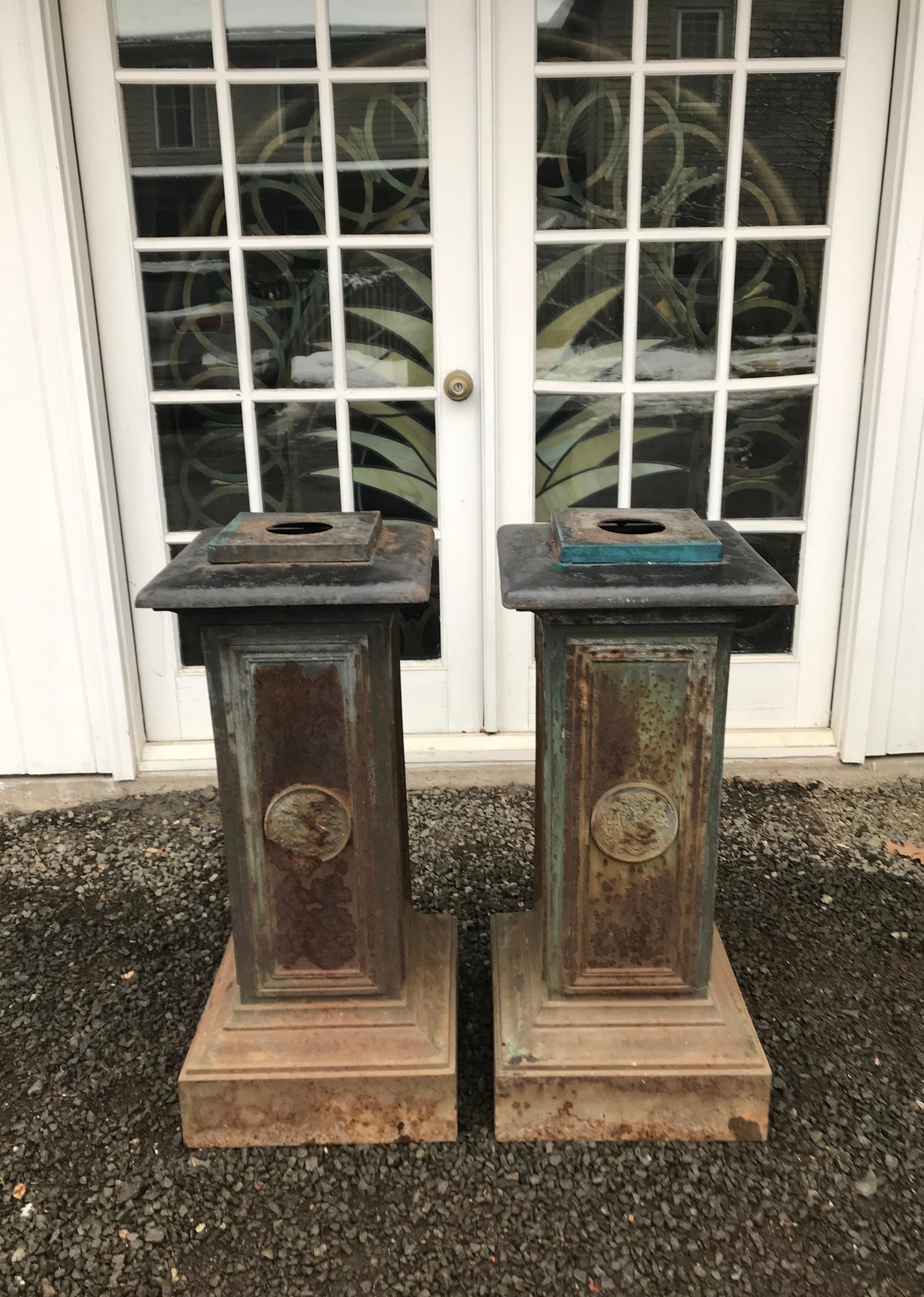Pair of Tall Cast Iron Medici Urns on Pedestals with French Republic Medallions For Sale 7