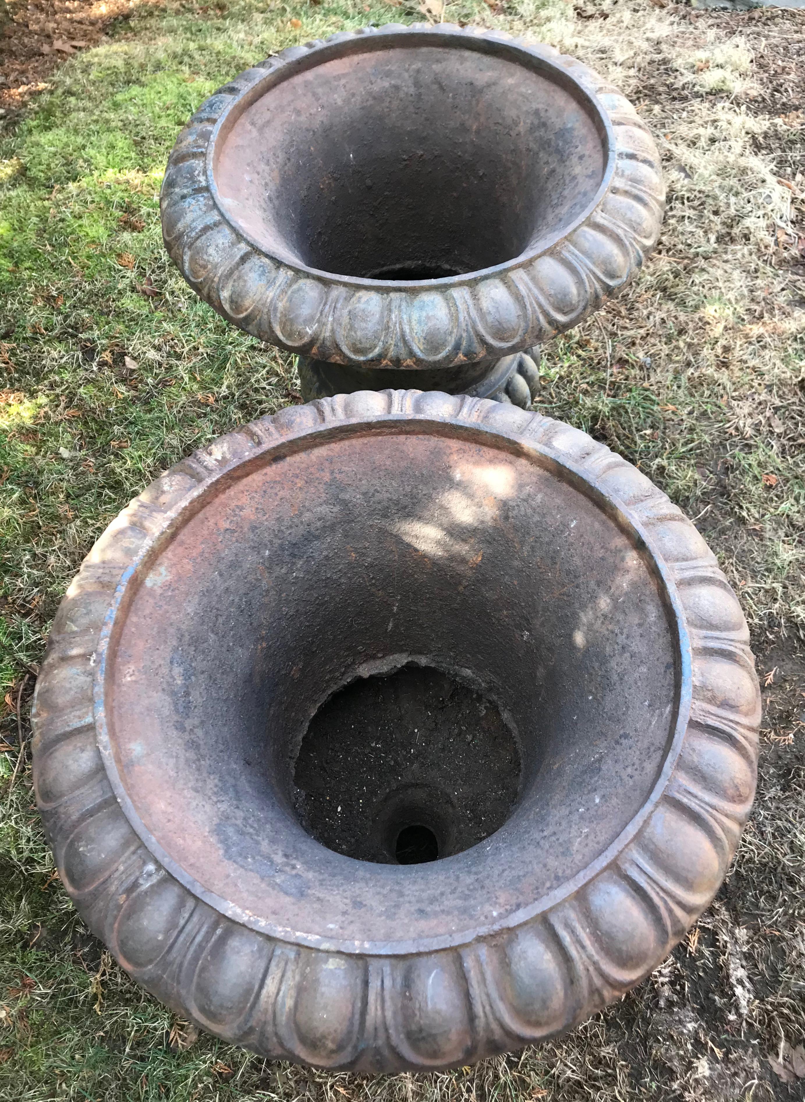 Pair of Tall Cast Iron Medici Urns on Pedestals with French Republic Medallions For Sale 2