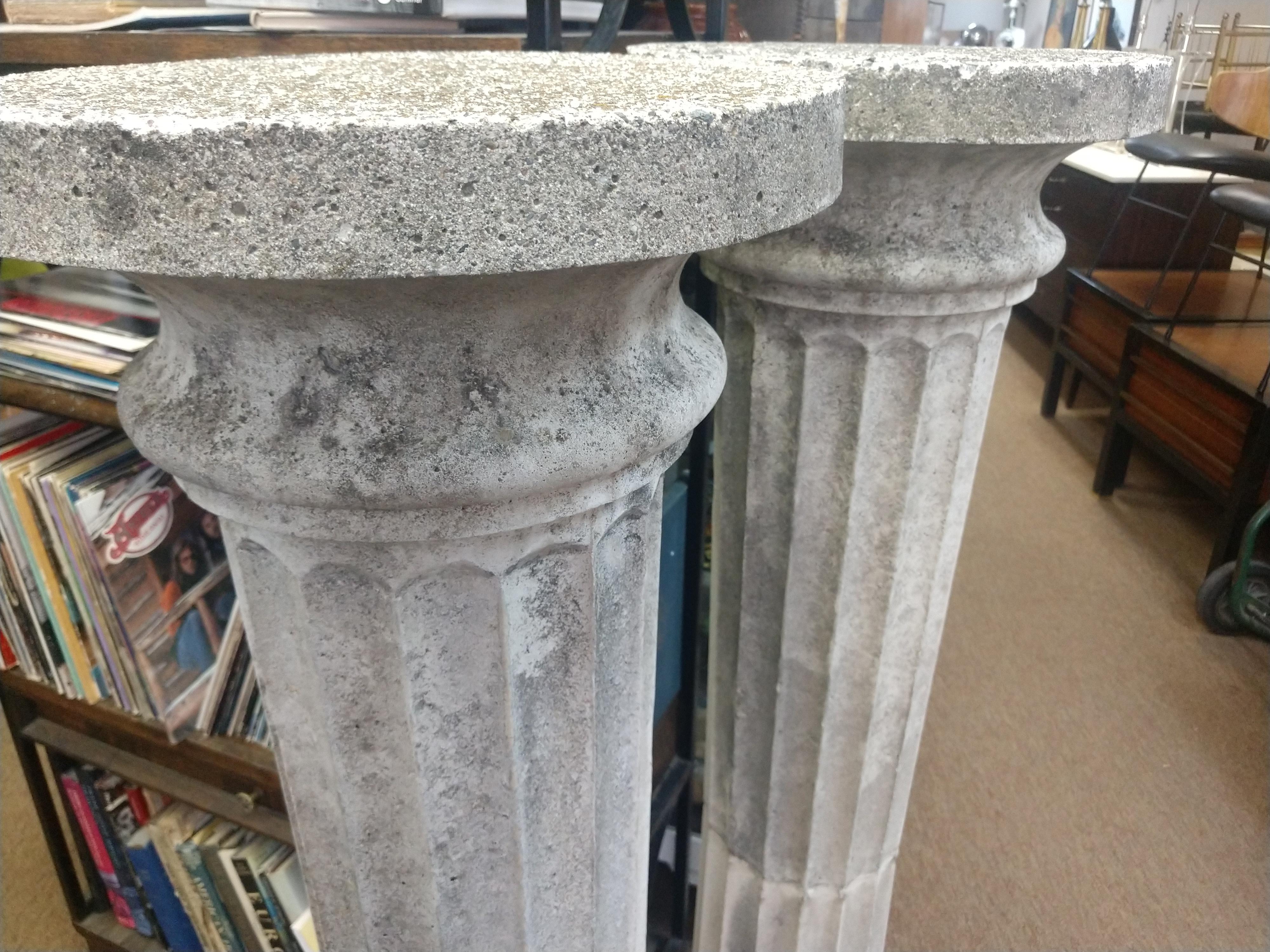 Molded Pair of Tall Cast Stone Fluted Pedestals Columns