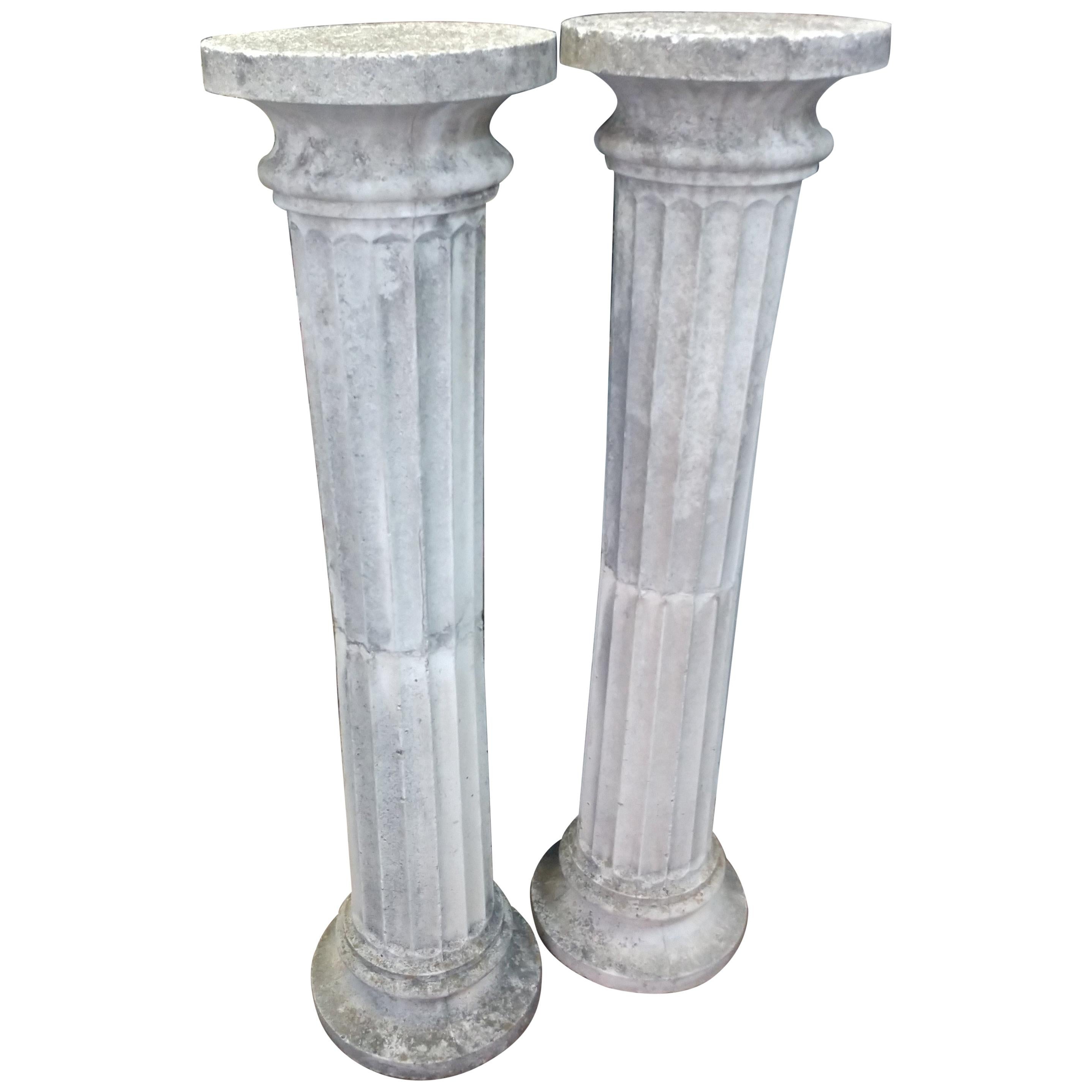 Pair of Tall Cast Stone Fluted Pedestals Columns