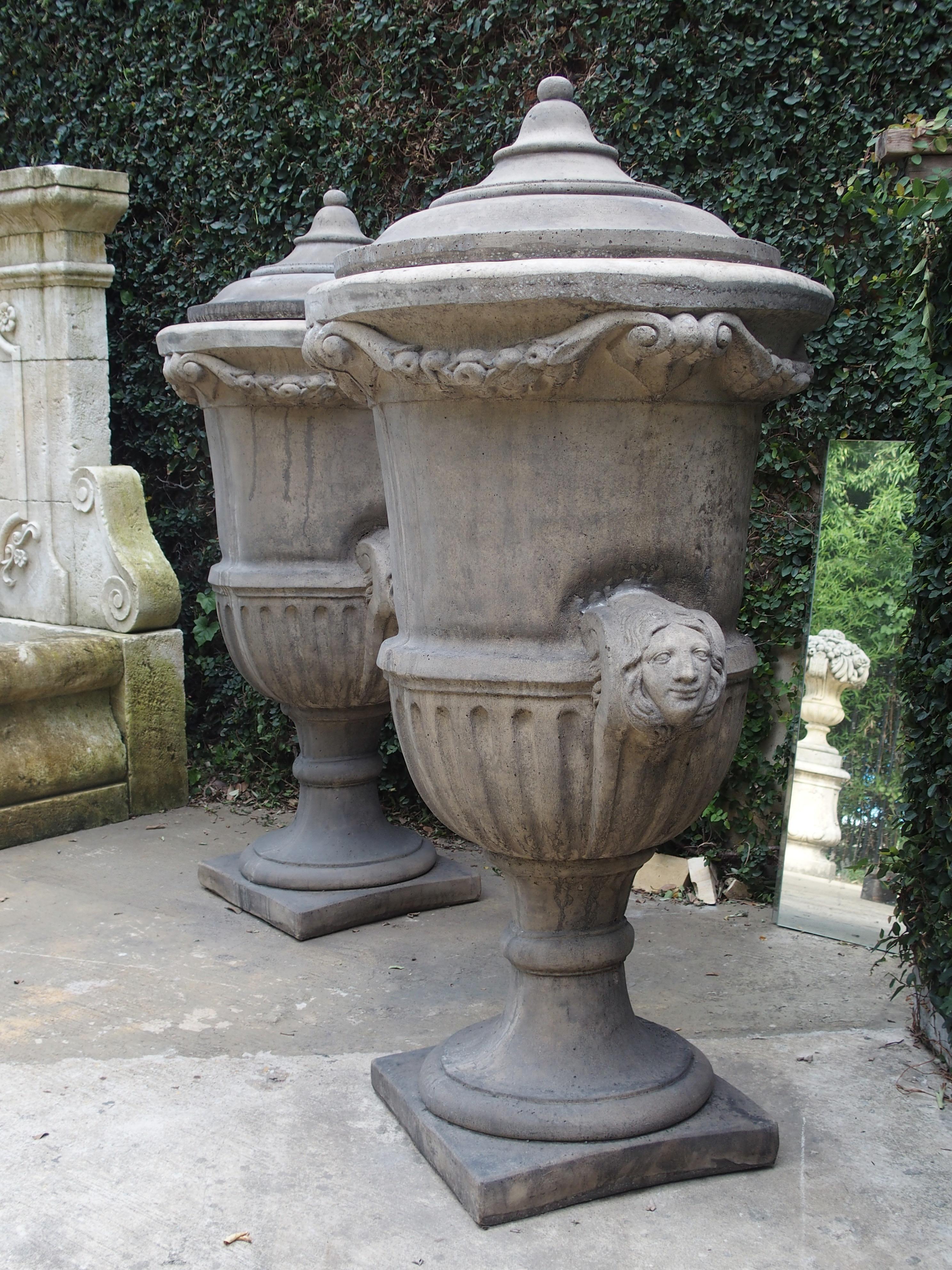 Pair of Tall Cast Stone Lidded Garden Vases from Belgium 5