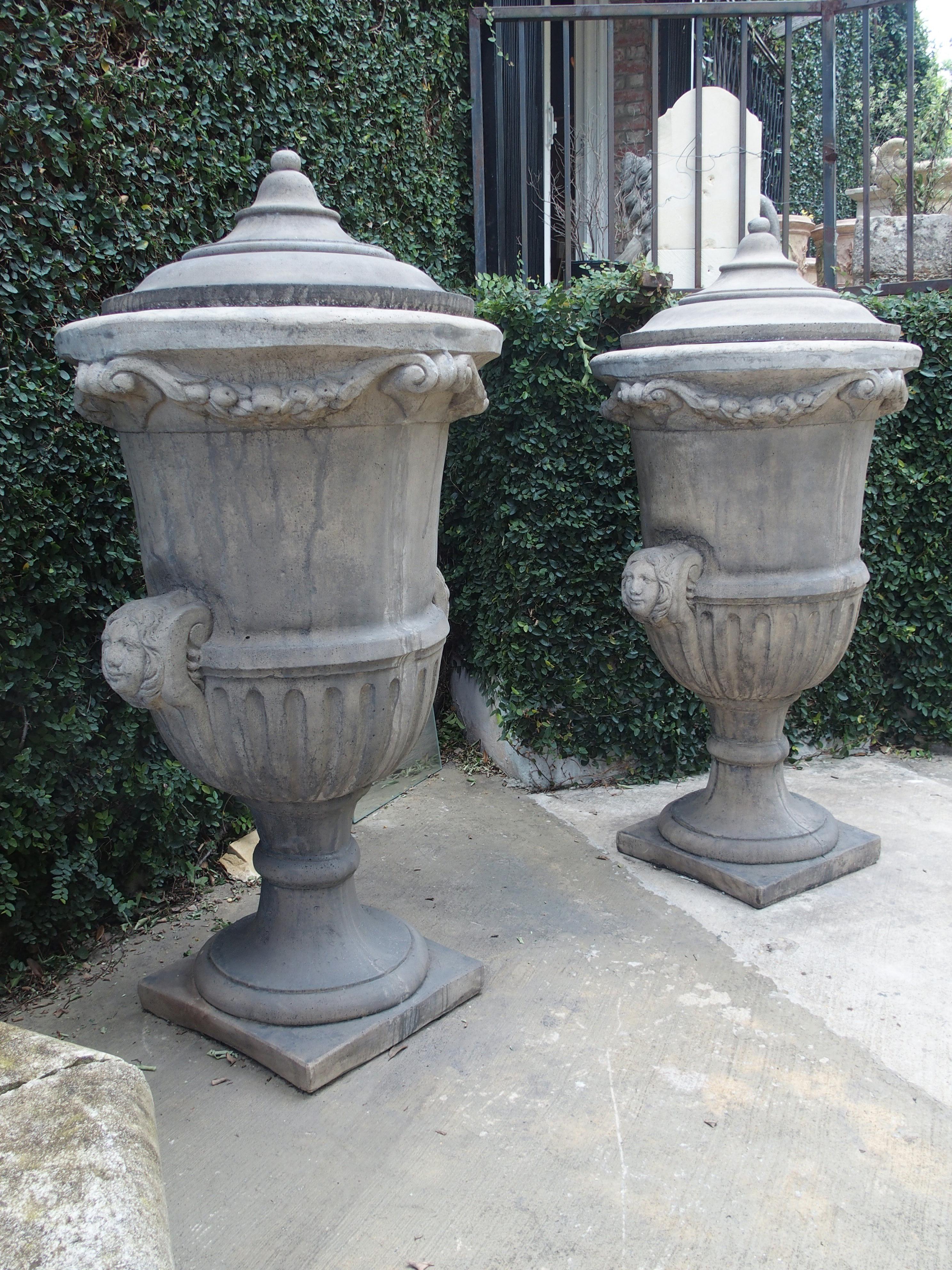 Pair of Tall Cast Stone Lidded Garden Vases from Belgium 7