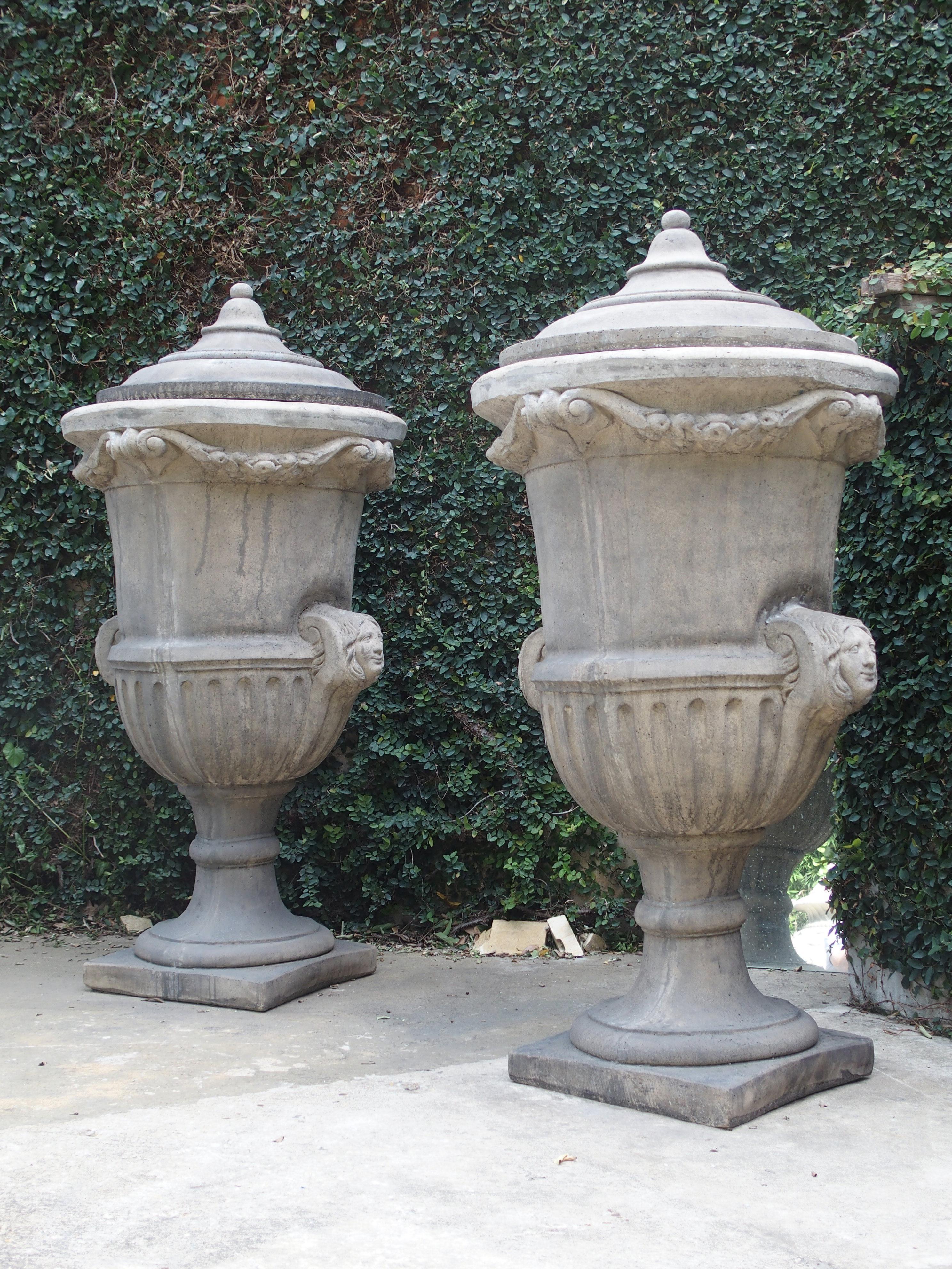Pair of Tall Cast Stone Lidded Garden Vases from Belgium 9