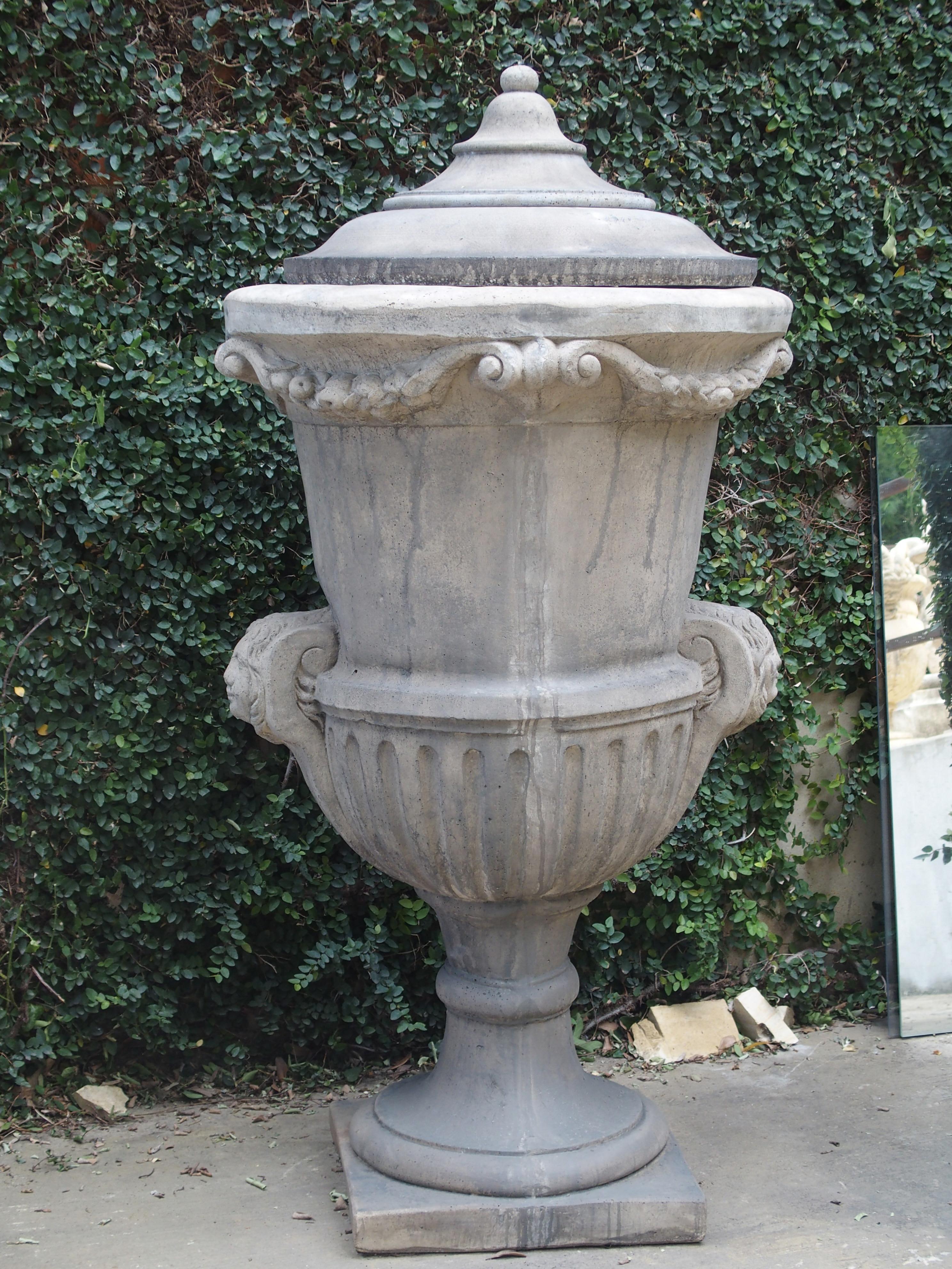 Belgian Pair of Tall Cast Stone Lidded Garden Vases from Belgium