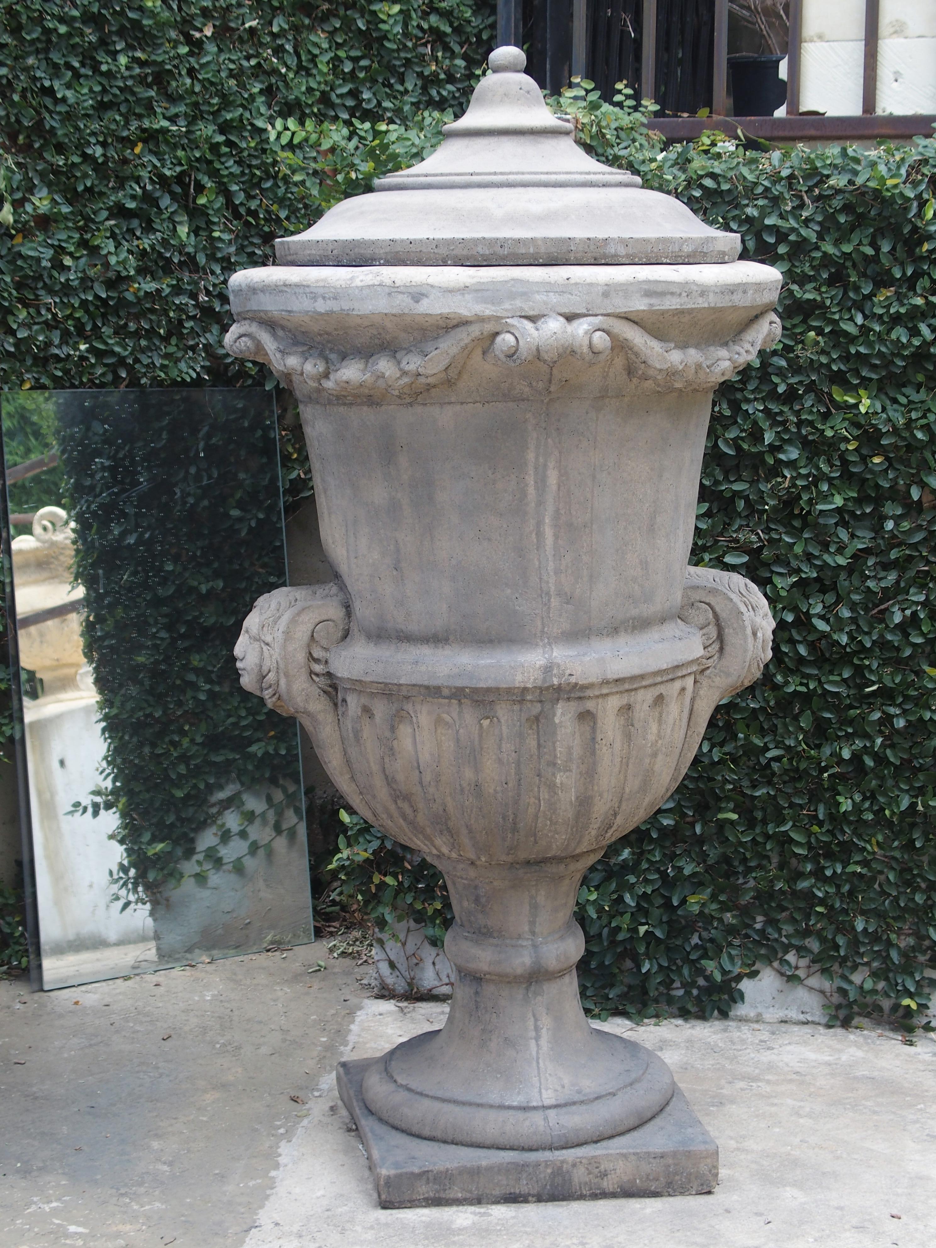 Pair of Tall Cast Stone Lidded Garden Vases from Belgium In Good Condition In Dallas, TX