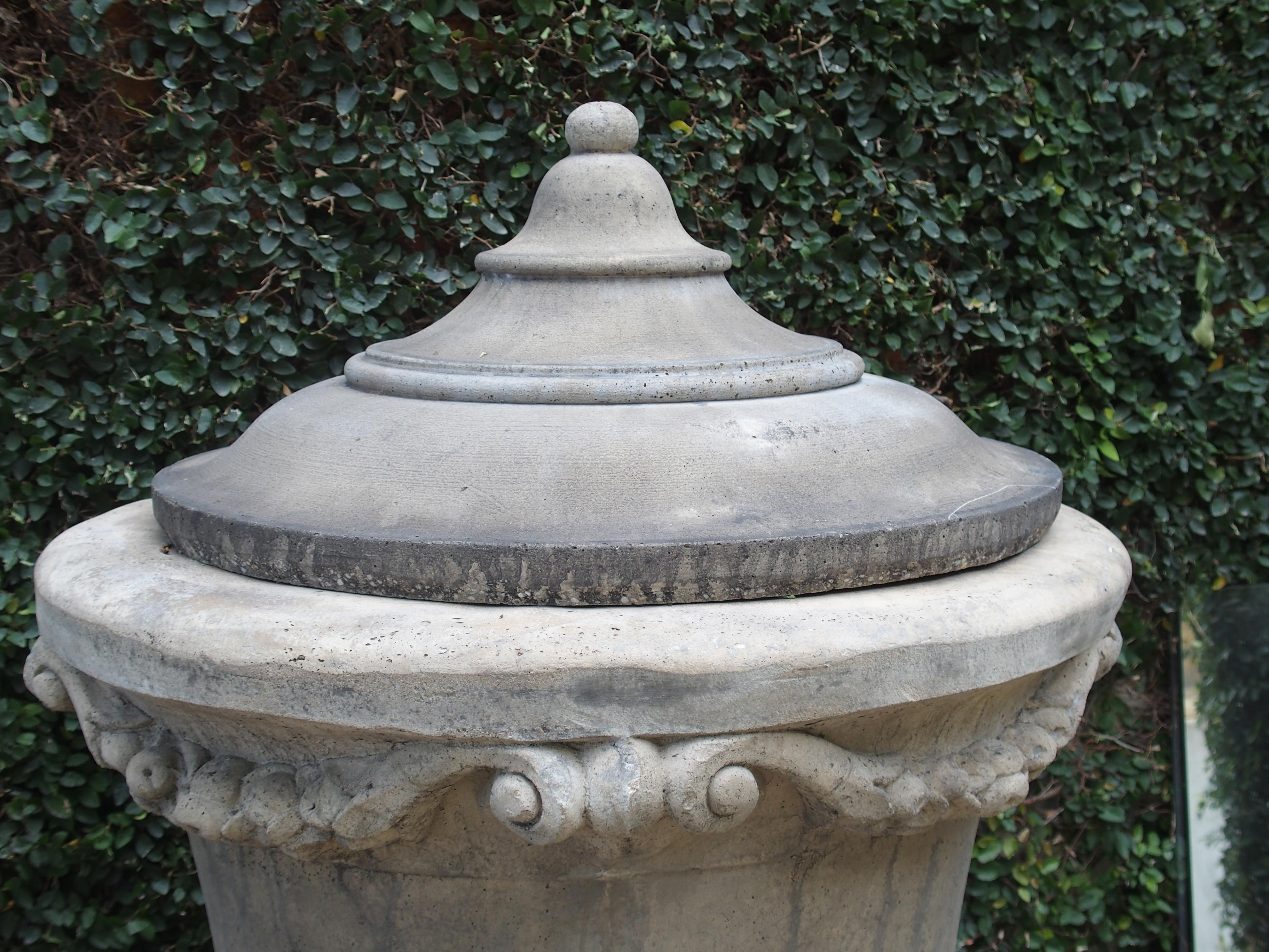 Contemporary Pair of Tall Cast Stone Lidded Garden Vases from Belgium