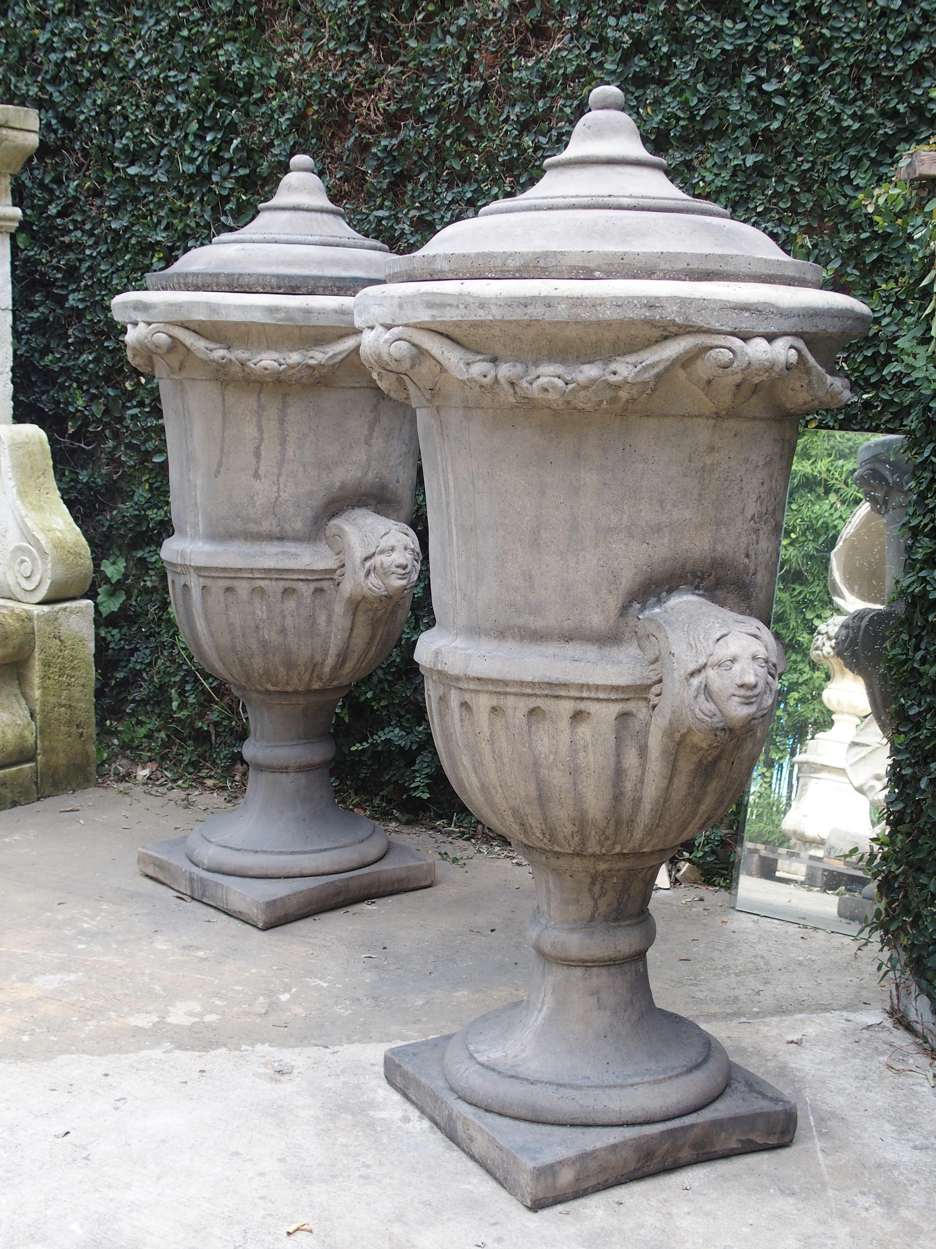 Pair of Tall Cast Stone Lidded Garden Vases from Belgium 3