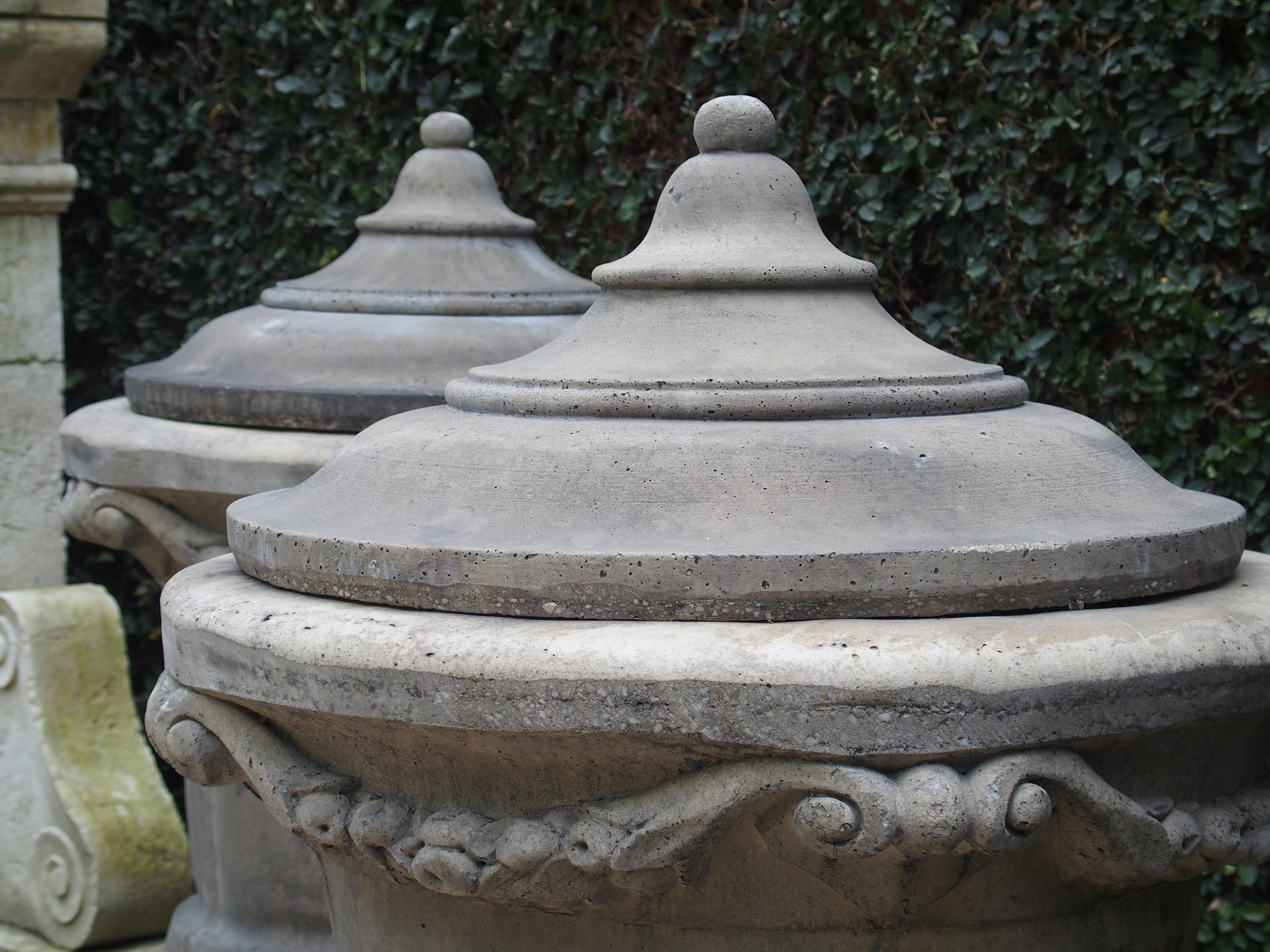 Pair of Tall Cast Stone Lidded Garden Vases from Belgium 4