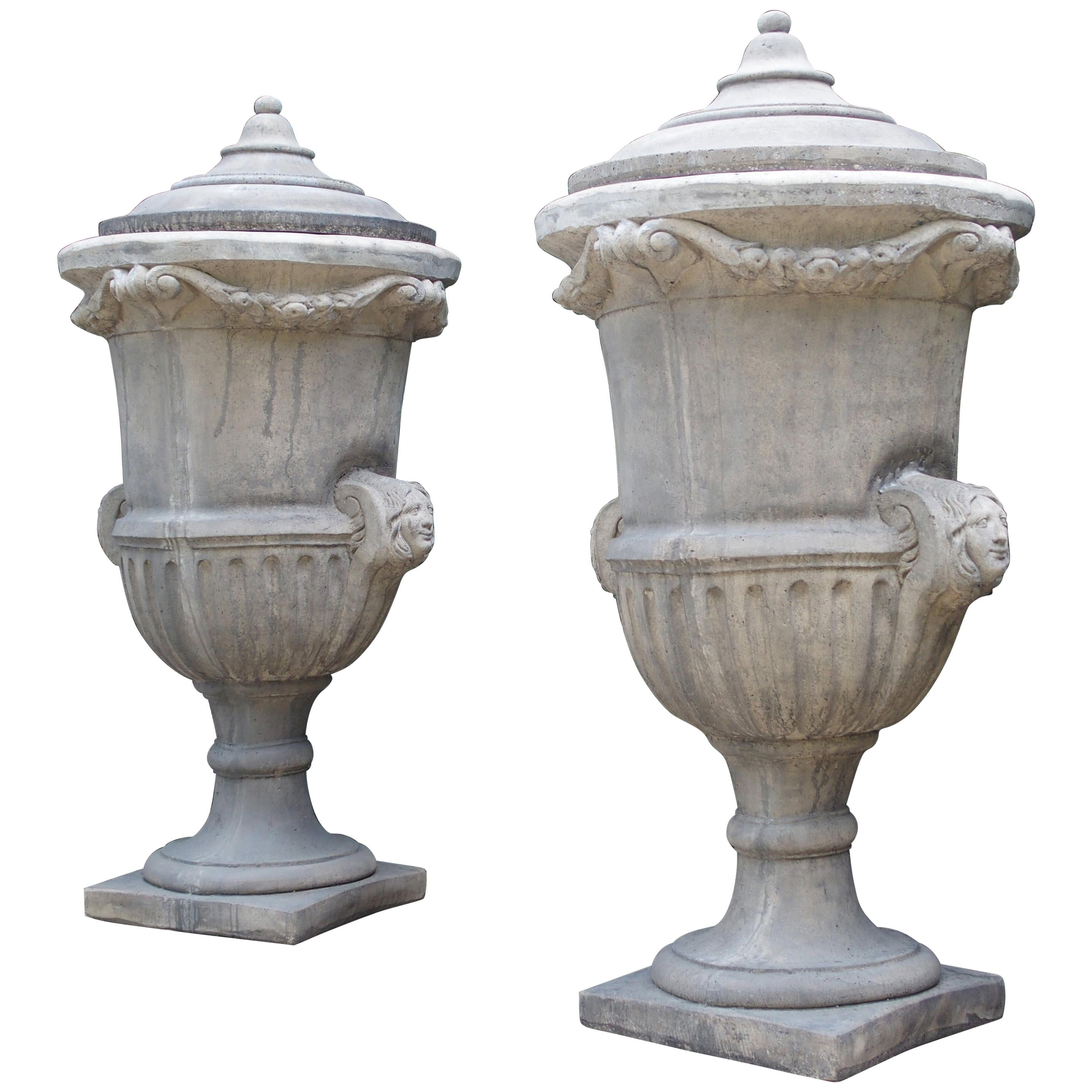 Pair of Tall Cast Stone Lidded Garden Vases from Belgium