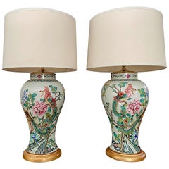 Pair of Tall Chinese Asian Famille Rose Peacock Porcelain Table Lamps