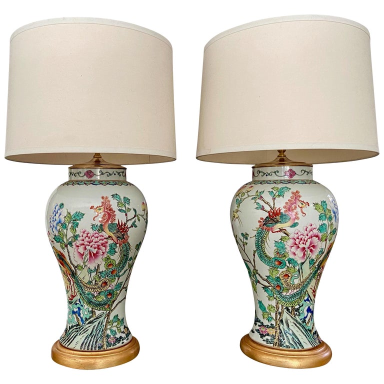 Pair of Tall Chinese Asian Famille Rose Peacock Porcelain Table Lamps For  Sale at 1stDibs | porcelain lamps, asian table lamps, chinese table lamp