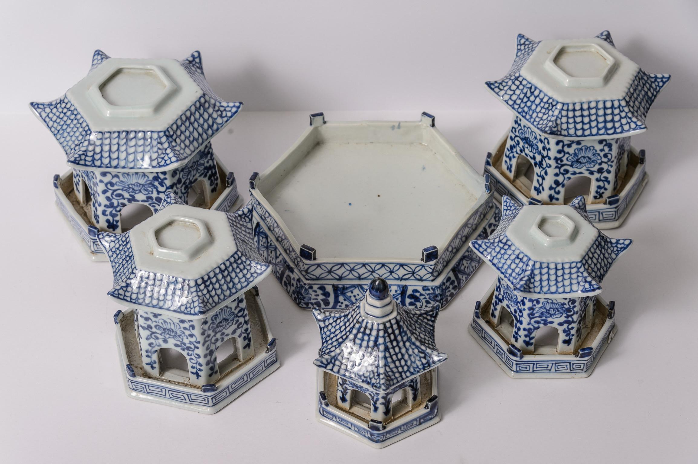 Pair of Tall Chinese Blue & White Porcelain Pagoda  For Sale 6