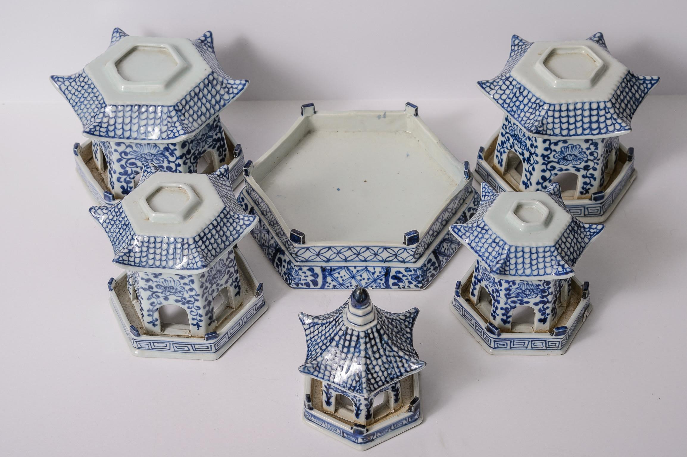 Pair of Tall Chinese Blue & White Porcelain Pagoda  For Sale 8